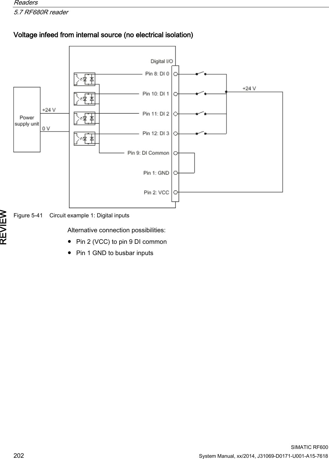 Readers   5.7 RF680R reader  SIMATIC RF600 202 System Manual, xx/2014, J31069-D0171-U001-A15-7618 REVIEW Voltage infeed from internal source (no electrical isolation)  Figure 5-41 Circuit example 1: Digital inputs Alternative connection possibilities: ● Pin 2 (VCC) to pin 9 DI common ● Pin 1 GND to busbar inputs 