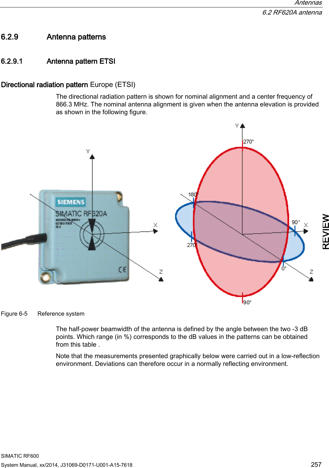  Antennas  6.2 RF620A antenna SIMATIC RF600 System Manual, xx/2014, J31069-D0171-U001-A15-7618 257 REVIEW 6.2.9 Antenna patterns 6.2.9.1 Antenna pattern ETSI Directional radiation pattern Europe (ETSI) The directional radiation pattern is shown for nominal alignment and a center frequency of 866.3 MHz. The nominal antenna alignment is given when the antenna elevation is provided as shown in the following figure.   Figure 6-5  Reference system The half-power beamwidth of the antenna is defined by the angle between the two -3 dB points. Which range (in %) corresponds to the dB values in the patterns can be obtained from this table . Note that the measurements presented graphically below were carried out in a low-reflection environment. Deviations can therefore occur in a normally reflecting environment. 