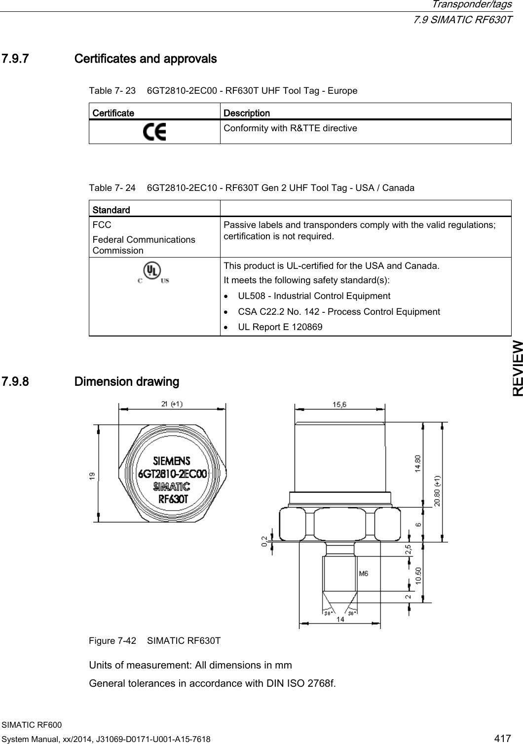  Transponder/tags  7.9 SIMATIC RF630T SIMATIC RF600 System Manual, xx/2014, J31069-D0171-U001-A15-7618 417 REVIEW 7.9.7 Certificates and approvals Table 7- 23 6GT2810-2EC00 - RF630T UHF Tool Tag - Europe Certificate Description  Conformity with R&amp;TTE directive  Table 7- 24 6GT2810-2EC10 - RF630T Gen 2 UHF Tool Tag - USA / Canada Standard  FCC  Federal Communications Commission  Passive labels and transponders comply with the valid regulations; certification is not required.  This product is UL-certified for the USA and Canada. It meets the following safety standard(s):  • UL508 - Industrial Control Equipment • CSA C22.2 No. 142 - Process Control Equipment • UL Report E 120869 7.9.8 Dimension drawing  Figure 7-42 SIMATIC RF630T Units of measurement: All dimensions in mm General tolerances in accordance with DIN ISO 2768f. 