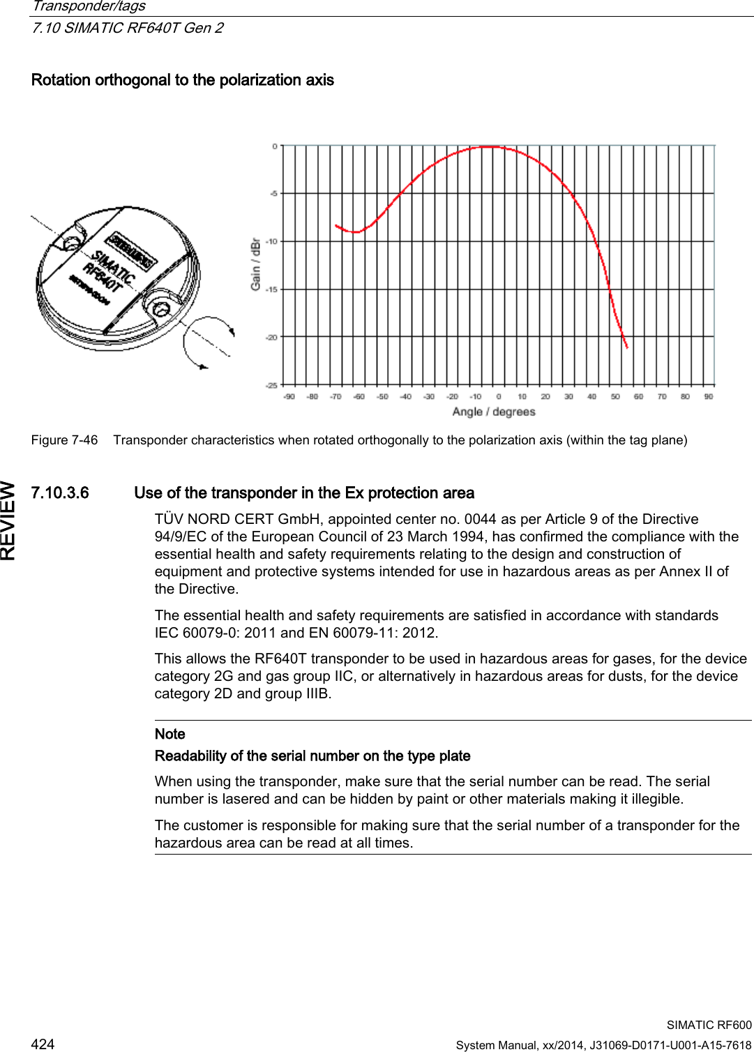 Transponder/tags   7.10 SIMATIC RF640T Gen 2  SIMATIC RF600 424 System Manual, xx/2014, J31069-D0171-U001-A15-7618 REVIEW Rotation orthogonal to the polarization axis   Figure 7-46 Transponder characteristics when rotated orthogonally to the polarization axis (within the tag plane) 7.10.3.6 Use of the transponder in the Ex protection area TÜV NORD CERT GmbH, appointed center no. 0044 as per Article 9 of the Directive 94/9/EC of the European Council of 23 March 1994, has confirmed the compliance with the essential health and safety requirements relating to the design and construction of equipment and protective systems intended for use in hazardous areas as per Annex II of the Directive.  The essential health and safety requirements are satisfied in accordance with standards IEC 60079-0: 2011 and EN 60079-11: 2012. This allows the RF640T transponder to be used in hazardous areas for gases, for the device category 2G and gas group IIC, or alternatively in hazardous areas for dusts, for the device category 2D and group IIIB.   Note Readability of the serial number on the type plate When using the transponder, make sure that the serial number can be read. The serial number is lasered and can be hidden by paint or other materials making it illegible. The customer is responsible for making sure that the serial number of a transponder for the hazardous area can be read at all times.  