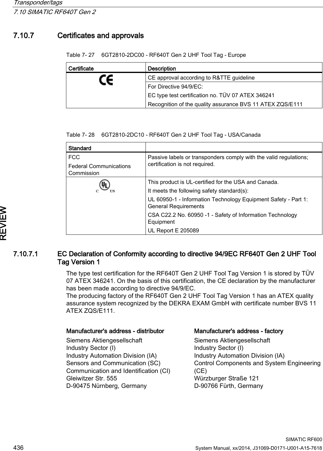 Transponder/tags   7.10 SIMATIC RF640T Gen 2  SIMATIC RF600 436 System Manual, xx/2014, J31069-D0171-U001-A15-7618 REVIEW 7.10.7 Certificates and approvals Table 7- 27 6GT2810-2DC00 - RF640T Gen 2 UHF Tool Tag - Europe Certificate Description  CE approval according to R&amp;TTE guideline For Directive 94/9/EC: EC type test certification no. TÜV 07 ATEX 346241 Recognition of the quality assurance BVS 11 ATEX ZQS/E111  Table 7- 28 6GT2810-2DC10 - RF640T Gen 2 UHF Tool Tag - USA/Canada Standard  FCC  Federal Communications Commission  Passive labels or transponders comply with the valid regulations; certification is not required.  This product is UL-certified for the USA and Canada. It meets the following safety standard(s):  UL 60950-1 - Information Technology Equipment Safety - Part 1: General Requirements CSA C22.2 No. 60950 -1 - Safety of Information Technology Equipment UL Report E 205089 7.10.7.1 EC Declaration of Conformity according to directive 94/9EC RF640T Gen 2 UHF Tool Tag Version 1 The type test certification for the RF640T Gen 2 UHF Tool Tag Version 1 is stored by TÜV 07 ATEX 346241. On the basis of this certification, the CE declaration by the manufacturer has been made according to directive 94/9/EC. The producing factory of the RF640T Gen 2 UHF Tool Tag Version 1 has an ATEX quality assurance system recognized by the DEKRA EXAM GmbH with certificate number BVS 11 ATEX ZQS/E111.  Manufacturer&apos;s address - distributor Manufacturer&apos;s address - factory Siemens Aktiengesellschaft Industry Sector (I) Industry Automation Division (IA) Sensors and Communication (SC) Communication and Identification (CI) Gleiwitzer Str. 555 D-90475 Nürnberg, Germany Siemens Aktiengesellschaft Industry Sector (I) Industry Automation Division (IA) Control Components and System Engineering (CE) Würzburger Straße 121 D-90766 Fürth, Germany 