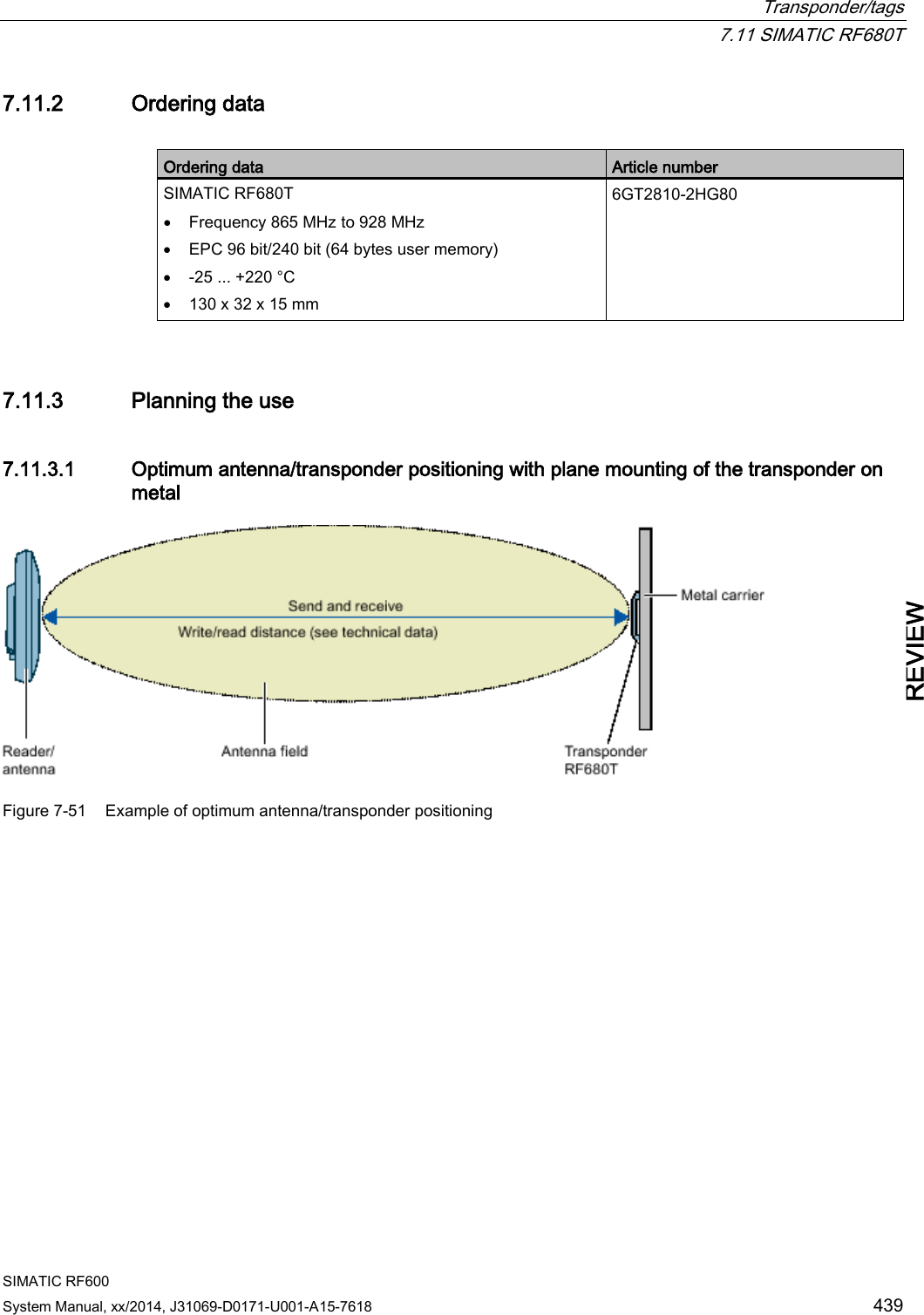  Transponder/tags  7.11 SIMATIC RF680T SIMATIC RF600 System Manual, xx/2014, J31069-D0171-U001-A15-7618 439 REVIEW 7.11.2 Ordering data  Ordering data Article number SIMATIC RF680T  • Frequency 865 MHz to 928 MHz • EPC 96 bit/240 bit (64 bytes user memory) • -25 ... +220 °C • 130 x 32 x 15 mm 6GT2810-2HG80 7.11.3 Planning the use 7.11.3.1 Optimum antenna/transponder positioning with plane mounting of the transponder on metal  Figure 7-51 Example of optimum antenna/transponder positioning  