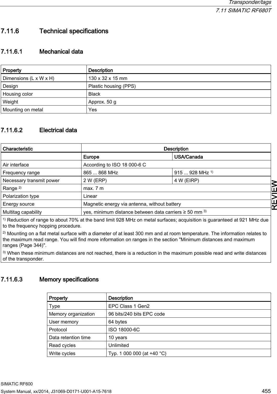  Transponder/tags  7.11 SIMATIC RF680T SIMATIC RF600 System Manual, xx/2014, J31069-D0171-U001-A15-7618 455 REVIEW 7.11.6 Technical specifications 7.11.6.1 Mechanical data  Property Description Dimensions (L x W x H) 130 x 32 x 15 mm Design Plastic housing (PPS) Housing color Black Weight Approx. 50 g Mounting on metal Yes 7.11.6.2 Electrical data  Characteristic Description  Europe USA/Canada Air interface According to ISO 18 000-6 C  Frequency range 865 ... 868 MHz 915 ... 928 MHz 1) Necessary transmit power 2 W (ERP) 4 W (EIRP) Range 2) max. 7 m Polarization type Linear Energy source Magnetic energy via antenna, without battery Multitag capability yes, minimum distance between data carriers ≥ 50 mm 3) 1) Reduction of range to about 70% at the band limit 928 MHz on metal surfaces; acquisition is guaranteed at 921 MHz due to the frequency hopping procedure. 2) Mounting on a flat metal surface with a diameter of at least 300 mm and at room temperature. The information relates to the maximum read range. You will find more information on ranges in the section &quot;Minimum distances and maximum ranges (Page 344)&quot;. 3) When these minimum distances are not reached, there is a reduction in the maximum possible read and write distances of the transponder. 7.11.6.3 Memory specifications  Property Description Type EPC Class 1 Gen2 Memory organization 96 bits/240 bits EPC code User memory 64 bytes Protocol ISO 18000-6C Data retention time 10 years  Read cycles Unlimited Write cycles Typ. 1 000 000 (at +40 °C) 