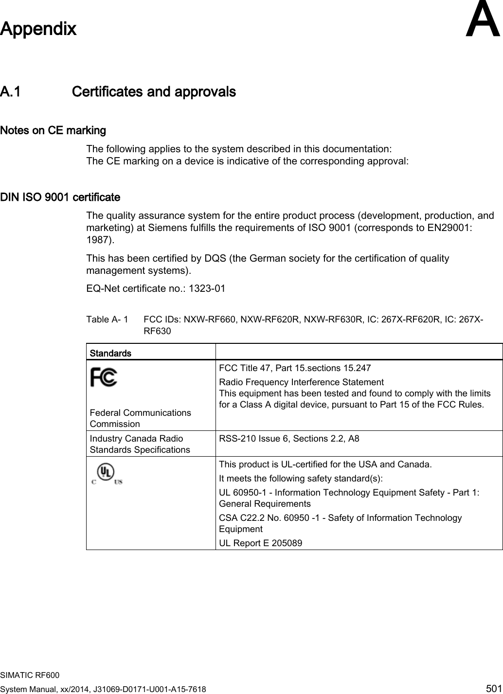  SIMATIC RF600 System Manual, xx/2014, J31069-D0171-U001-A15-7618 501  Appendix A A.1 Certificates and approvals Notes on CE marking The following applies to the system described in this documentation:  The CE marking on a device is indicative of the corresponding approval: DIN ISO 9001 certificate The quality assurance system for the entire product process (development, production, and marketing) at Siemens fulfills the requirements of ISO 9001 (corresponds to EN29001: 1987). This has been certified by DQS (the German society for the certification of quality management systems). EQ-Net certificate no.: 1323-01 Table A- 1  FCC IDs: NXW-RF660, NXW-RF620R, NXW-RF630R, IC: 267X-RF620R, IC: 267X-RF630 Standards    Federal Communications Commission  FCC Title 47, Part 15.sections 15.247 Radio Frequency Interference Statement  This equipment has been tested and found to comply with the limits for a Class A digital device, pursuant to Part 15 of the FCC Rules.  Industry Canada Radio Standards Specifications RSS-210 Issue 6, Sections 2.2, A8  This product is UL-certified for the USA and Canada. It meets the following safety standard(s):  UL 60950-1 - Information Technology Equipment Safety - Part 1: General Requirements CSA C22.2 No. 60950 -1 - Safety of Information Technology Equipment UL Report E 205089 