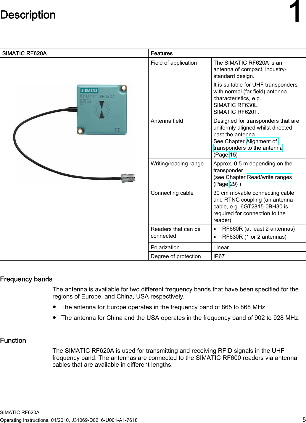 Page 5 of Siemens RF660 RFID reader User Manual SIMATIC RF620A