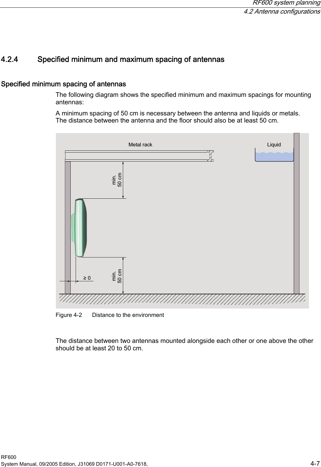  RF600 system planning  4.2 Antenna configurations RF600 System Manual, 09/2005 Edition, J31069 D0171-U001-A0-7618,    4-7 4.2.4 Specified minimum and maximum spacing of antennas Specified minimum spacing of antennas The following diagram shows the specified minimum and maximum spacings for mounting antennas:  A minimum spacing of 50 cm is necessary between the antenna and liquids or metals. The distance between the antenna and the floor should also be at least 50 cm. PLQFPPLQFPุ0HWDOUDFN /LTXLG Figure 4-2  Distance to the environment  The distance between two antennas mounted alongside each other or one above the other should be at least 20 to 50 cm. 