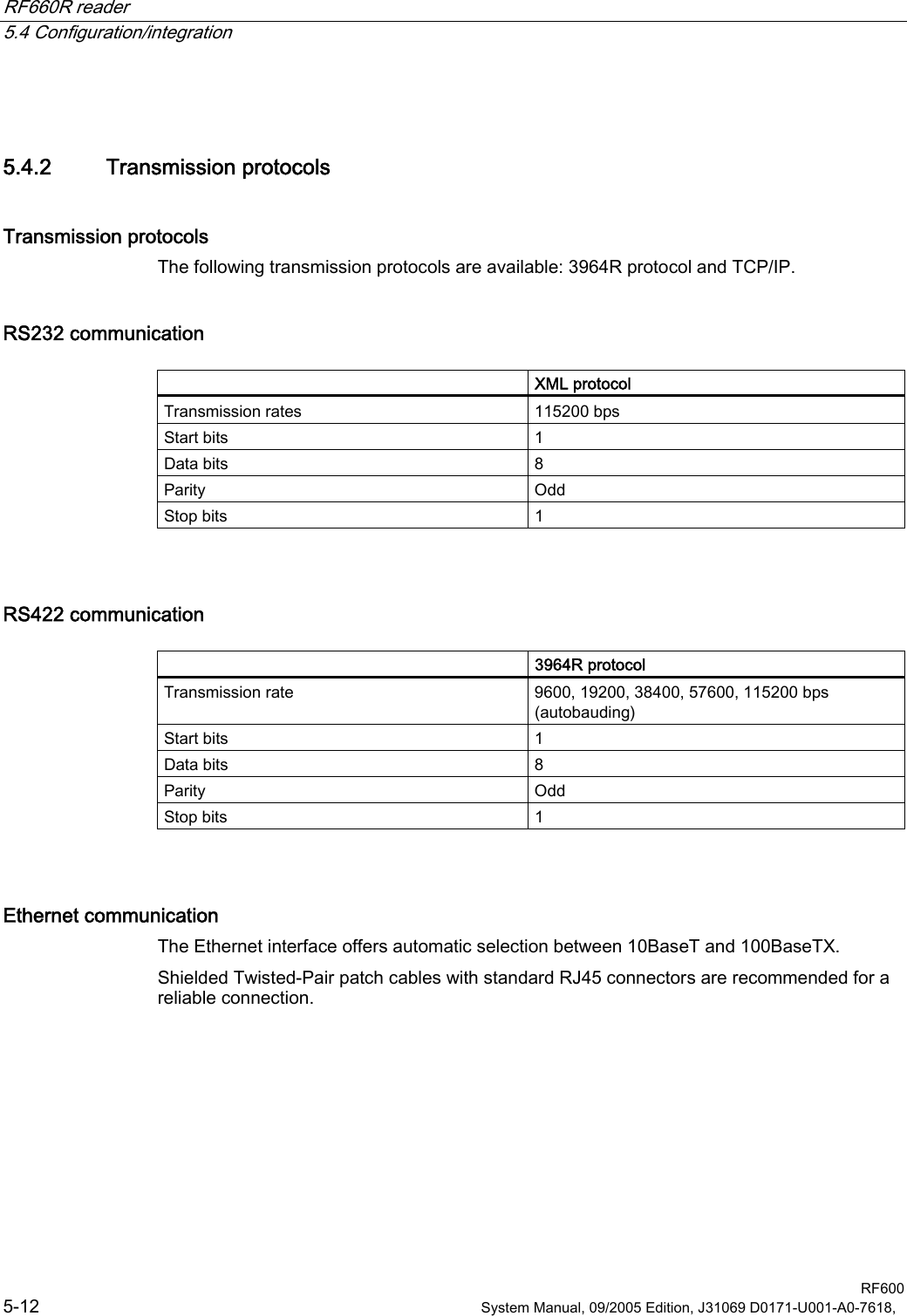 RF660R reader   5.4 Configuration/integration  RF600 5-12  System Manual, 09/2005 Edition, J31069 D0171-U001-A0-7618,   5.4.2 Transmission protocols Transmission protocols The following transmission protocols are available: 3964R protocol and TCP/IP.  RS232 communication   XML protocol Transmission rates  115200 bps Start bits  1 Data bits  8 Parity  Odd Stop bits  1  RS422 communication    3964R protocol Transmission rate  9600, 19200, 38400, 57600, 115200 bps (autobauding) Start bits  1 Data bits  8 Parity  Odd Stop bits  1  Ethernet communication The Ethernet interface offers automatic selection between 10BaseT and 100BaseTX. Shielded Twisted-Pair patch cables with standard RJ45 connectors are recommended for a reliable connection.  