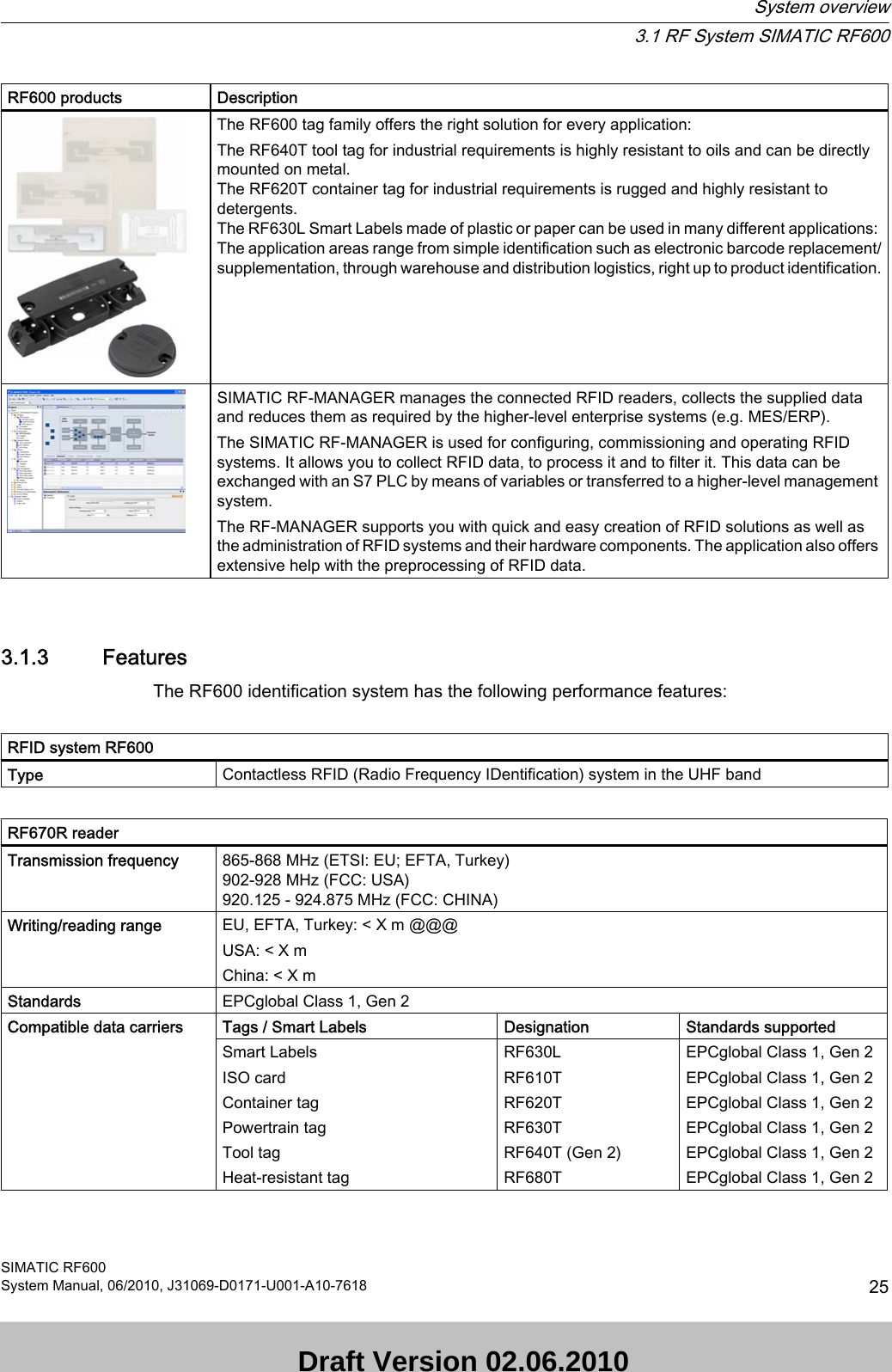 RF600 products DescriptionThe RF600 tag family offers the right solution for every application:The RF640T tool tag for industrial requirements is highly resistant to oils and can be directly mounted on metal. The RF620T container tag for industrial requirements is rugged and highly resistant to detergents. The RF630L Smart Labels made of plastic or paper can be used in many different applications: The application areas range from simple identification such as electronic barcode replacement/supplementation, through warehouse and distribution logistics, right up to product identification.SIMATIC RF-MANAGER manages the connected RFID readers, collects the supplied data and reduces them as required by the higher-level enterprise systems (e.g. MES/ERP).The SIMATIC RF-MANAGER is used for configuring, commissioning and operating RFID systems. It allows you to collect RFID data, to process it and to filter it. This data can be exchanged with an S7 PLC by means of variables or transferred to a higher-level management system. The RF-MANAGER supports you with quick and easy creation of RFID solutions as well as the administration of RFID systems and their hardware components. The application also offers extensive help with the preprocessing of RFID data.3.1.3 FeaturesThe RF600 identification system has the following performance features:    RFID system RF600Type Contactless RFID (Radio Frequency IDentification) system in the UHF bandRF670R readerTransmission frequency 865-868 MHz (ETSI: EU; EFTA, Turkey)902-928 MHz (FCC: USA)920.125 - 924.875 MHz (FCC: CHINA)Writing/reading range EU, EFTA, Turkey: &lt; X m @@@USA: &lt; X mChina: &lt; X mStandards EPCglobal Class 1, Gen 2Compatible data carriers Tags / Smart Labels Designation Standards supportedSmart Labels ISO cardContainer tag Powertrain tagTool tagHeat-resistant tagRF630LRF610TRF620TRF630TRF640T (Gen 2)RF680TEPCglobal Class 1, Gen 2EPCglobal Class 1, Gen 2EPCglobal Class 1, Gen 2EPCglobal Class 1, Gen 2EPCglobal Class 1, Gen 2EPCglobal Class 1, Gen 2System overview3.1 RF System SIMATIC RF600SIMATIC RF600System Manual, 06/2010, J31069-D0171-U001-A10-7618 25 Draft Version 02.06.2010 