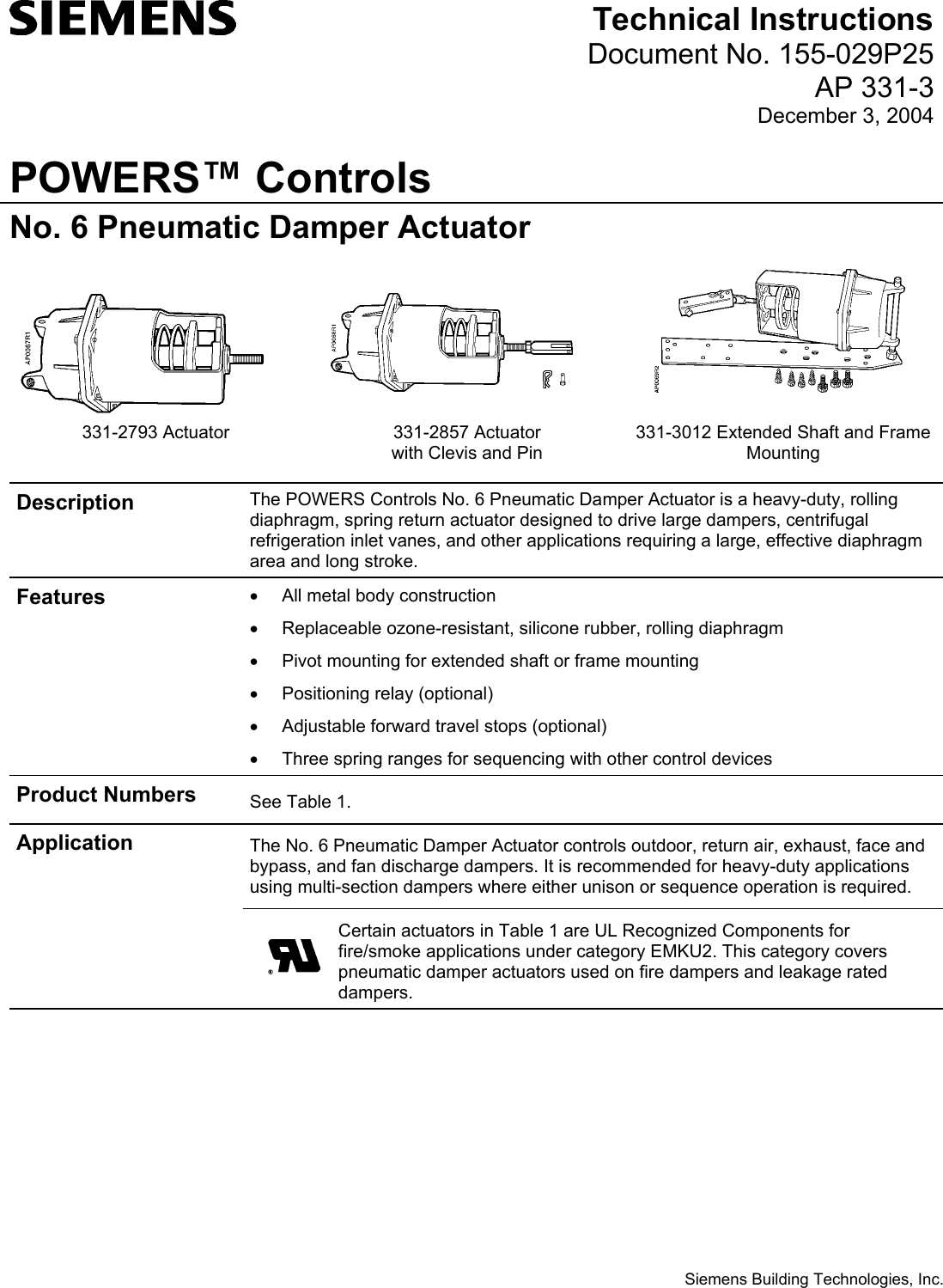Page 1 of 12 - Siemens Siemens-331-2856-332-2856-Ap-331-3-Users-Manual- Powers Control - No. 6 Pneumatic Damper Actuator  Siemens-331-2856-332-2856-ap-331-3-users-manual
