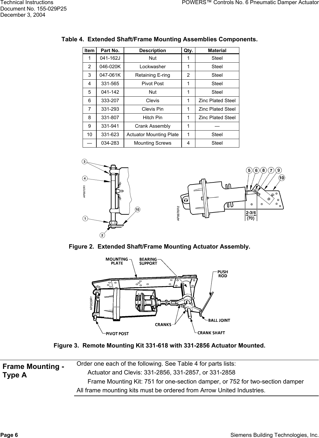 Page 6 of 12 - Siemens Siemens-331-2856-332-2856-Ap-331-3-Users-Manual- Powers Control - No. 6 Pneumatic Damper Actuator  Siemens-331-2856-332-2856-ap-331-3-users-manual