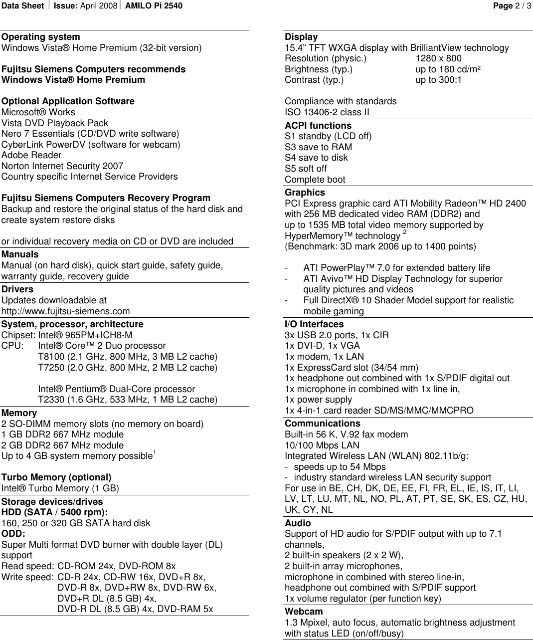 Page 2 of 3 - Siemens Siemens-4Amilo-Pi-2540-Users-Manual Ds_AMILO_Pi_2540