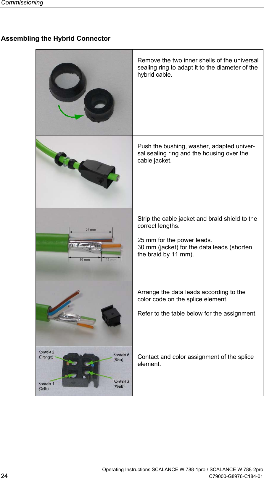 Commissioning   Operating Instructions SCALANCE W 788-1pro / SCALANCE W 788-2pro 24  C79000-G8976-C184-01 Assembling the Hybrid Connector   Remove the two inner shells of the universal sealing ring to adapt it to the diameter of the hybrid cable.       Push the bushing, washer, adapted univer-sal sealing ring and the housing over the cable jacket.  Strip the cable jacket and braid shield to the correct lengths.  25 mm for the power leads. 30 mm (jacket) for the data leads (shorten the braid by 11 mm).  Arrange the data leads according to the color code on the splice element.  Refer to the table below for the assignment.  Contact and color assignment of the splice element.  