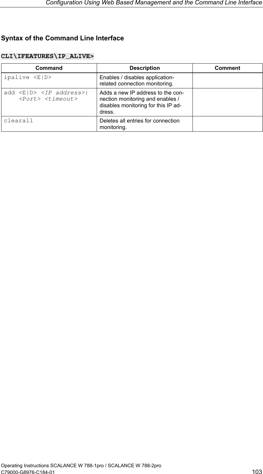 Configuration Using Web Based Management and the Command Line Interface Syntax of the Command Line Interface CLI\IFEATURES\IP_ALIVE&gt; Command Description Comment ipalive &lt;E|D&gt;  Enables / disables application-related connection monitoring.  add &lt;E|D&gt; &lt;IP address&gt;:     &lt;Port&gt; &lt;timeout&gt; Adds a new IP address to the con-nection monitoring and enables / disables monitoring for this IP ad-dress.  clearall  Deletes all entries for connection monitoring.  Operating Instructions SCALANCE W 788-1pro / SCALANCE W 788-2pro C79000-G8976-C184-01  103 
