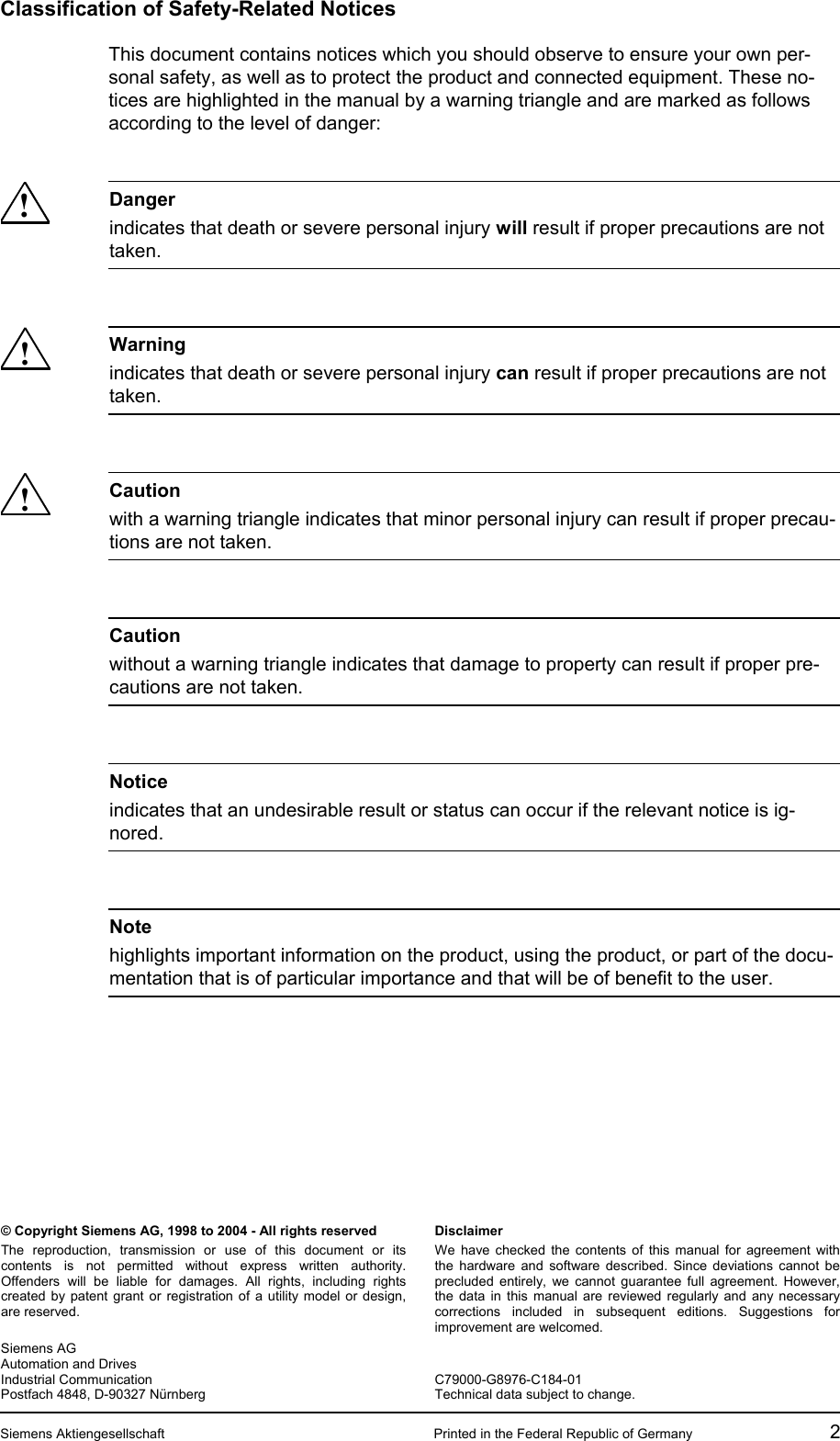  © Copyright Siemens AG, 1998 to 2004 - All rights reserved The reproduction, transmission or use of this document or itscontents is not permitted without express written authority.Offenders will be liable for damages. All rights, including rightscreated by patent grant or registration of a utility model or design,are reserved. Disclaimer We have checked the contents of this manual for agreement with the hardware and software described. Since deviations cannot be precluded entirely, we cannot guarantee full agreement. However, the data in this manual are reviewed regularly and any necessarClassification of Safety-Related Notices This document contains notices which you should observe to ensure your own per-sonal safety, as well as to protect the product and connected equipment. These no-tices are highlighted in the manual by a warning triangle and are marked as follows according to the level of danger:  ! Danger indicates that death or severe personal injury will result if proper precautions are not taken.  ! Warning indicates that death or severe personal injury can result if proper precautions are not taken.  ! Caution with a warning triangle indicates that minor personal injury can result if proper precau-tions are not taken.   Caution without a warning triangle indicates that damage to property can result if proper pre-cautions are not taken.   Notice indicates that an undesirable result or status can occur if the relevant notice is ig-nored.   Note highlights important information on the product, using the product, or part of the docu-mentation that is of particular importance and that will be of benefit to the user.  y corrections included in subsequent editions. Suggestions for improvement are welcomed. Siemens AG Automation and Drives Industrial Communication Postfach 4848, D-90327 Nürnberg   C79000-G8976-C184-01 Technical data subject to change. Siemens Aktiengesellschaft  Printed in the Federal Republic of Germany  2  