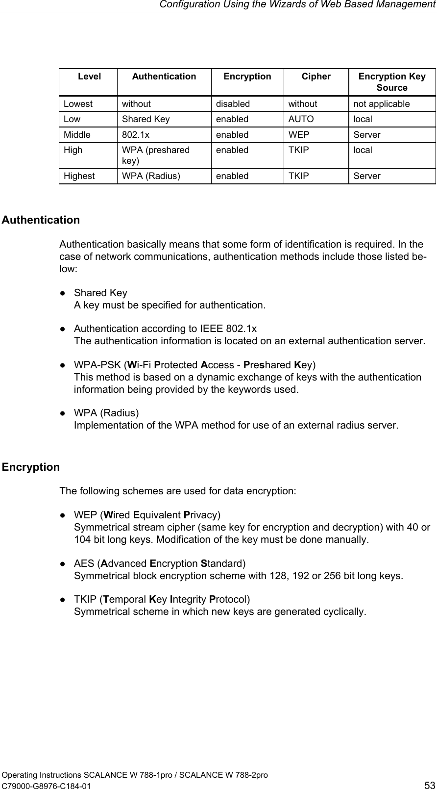 Configuration Using the Wizards of Web Based Management Operating Instructions SCALANCE W 788-1pro / SCALANCE W 788-2pro C79000-G8976-C184-01  53  Level Authentication Encryption Cipher Encryption Key Source Lowest without  disabled  without not applicable Low Shared Key  enabled AUTO local Middle 802.1x  enabled  WEP  Server High WPA (preshared key) enabled TKIP  local Highest WPA (Radius)  enabled  TKIP  Server Authentication Authentication basically means that some form of identification is required. In the case of network communications, authentication methods include those listed be-low: ● Shared Key A key must be specified for authentication. ●  Authentication according to IEEE 802.1x The authentication information is located on an external authentication server. ● WPA-PSK (Wi-Fi Protected Access - Preshared Key) This method is based on a dynamic exchange of keys with the authentication information being provided by the keywords used. ● WPA (Radius) Implementation of the WPA method for use of an external radius server. Encryption The following schemes are used for data encryption: ● WEP (Wired Equivalent Privacy) Symmetrical stream cipher (same key for encryption and decryption) with 40 or 104 bit long keys. Modification of the key must be done manually. ● AES (Advanced Encryption Standard) Symmetrical block encryption scheme with 128, 192 or 256 bit long keys. ● TKIP (Temporal Key Integrity Protocol) Symmetrical scheme in which new keys are generated cyclically.  