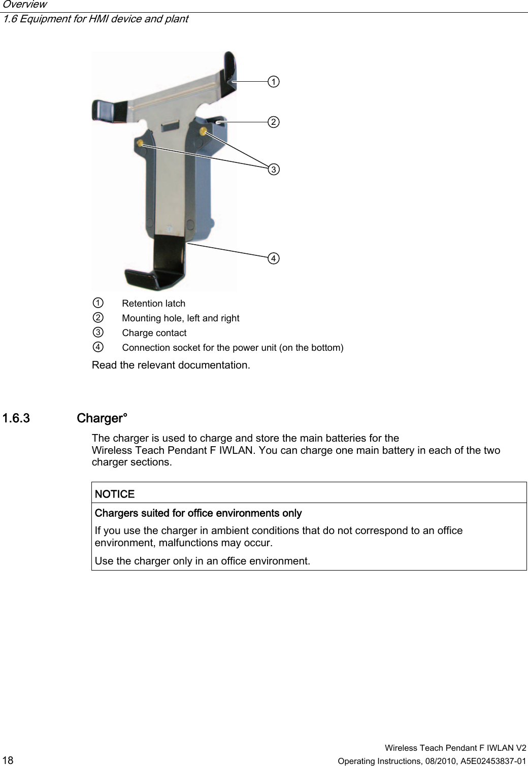 Overview   1.6 Equipment for HMI device and plant  Wireless Teach Pendant F IWLAN V2 18 Operating Instructions, 08/2010, A5E02453837-01  ①  Retention latch ②  Mounting hole, left and right ③  Charge contact ④  Connection socket for the power unit (on the bottom) Read the relevant documentation. 1.6.3 Charger° The charger is used to charge and store the main batteries for the Wireless Teach Pendant F IWLAN. You can charge one main battery in each of the two charger sections.  NOTICE  Chargers suited for office environments only If you use the charger in ambient conditions that do not correspond to an office environment, malfunctions may occur. Use the charger only in an office environment.  PRELIMINARY II 1.7.2010