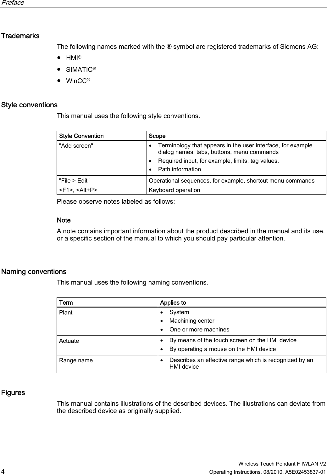 Preface      Wireless Teach Pendant F IWLAN V2 4 Operating Instructions, 08/2010, A5E02453837-01 Trademarks  The following names marked with the ® symbol are registered trademarks of Siemens AG: ●  HMI® ●  SIMATIC® ●  WinCC® Style conventions  This manual uses the following style conventions.  Style Convention  Scope &quot;Add screen&quot;   Terminology that appears in the user interface, for example dialog names, tabs, buttons, menu commands  Required input, for example, limits, tag values.  Path information &quot;File &gt; Edit&quot;  Operational sequences, for example, shortcut menu commands &lt;F1&gt;, &lt;Alt+P&gt;  Keyboard operation Please observe notes labeled as follows:    Note A note contains important information about the product described in the manual and its use, or a specific section of the manual to which you should pay particular attention.  Naming conventions  This manual uses the following naming conventions.  Term  Applies to Plant   System  Machining center  One or more machines Actuate   By means of the touch screen on the HMI device  By operating a mouse on the HMI device Range name   Describes an effective range which is recognized by an HMI device Figures  This manual contains illustrations of the described devices. The illustrations can deviate from the described device as originally supplied. PRELIMINARY II 1.7.2010