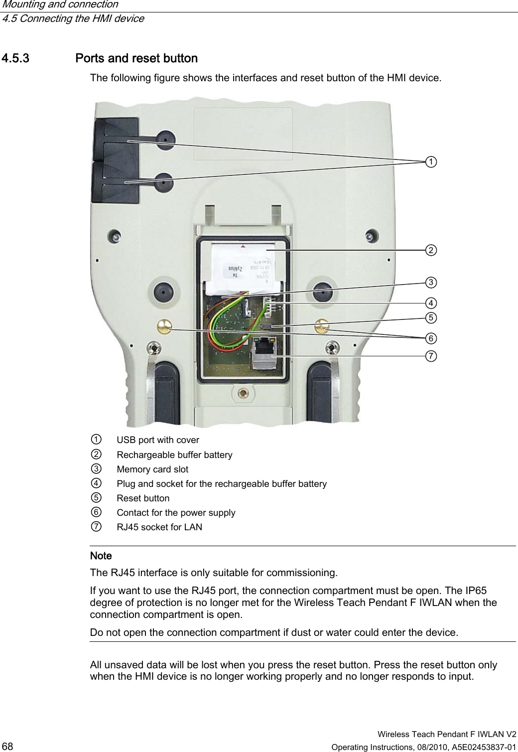 Mounting and connection   4.5 Connecting the HMI device  Wireless Teach Pendant F IWLAN V2 68 Operating Instructions, 08/2010, A5E02453837-01 4.5.3 Ports and reset button The following figure shows the interfaces and reset button of the HMI device.   ①  USB port with cover ②  Rechargeable buffer battery ③  Memory card slot ④  Plug and socket for the rechargeable buffer battery ⑤  Reset button ⑥  Contact for the power supply ⑦  RJ45 socket for LAN   Note The RJ45 interface is only suitable for commissioning. If you want to use the RJ45 port, the connection compartment must be open. The IP65 degree of protection is no longer met for the Wireless Teach Pendant F IWLAN when the connection compartment is open. Do not open the connection compartment if dust or water could enter the device.  All unsaved data will be lost when you press the reset button. Press the reset button only when the HMI device is no longer working properly and no longer responds to input. PRELIMINARY II 1.7.2010