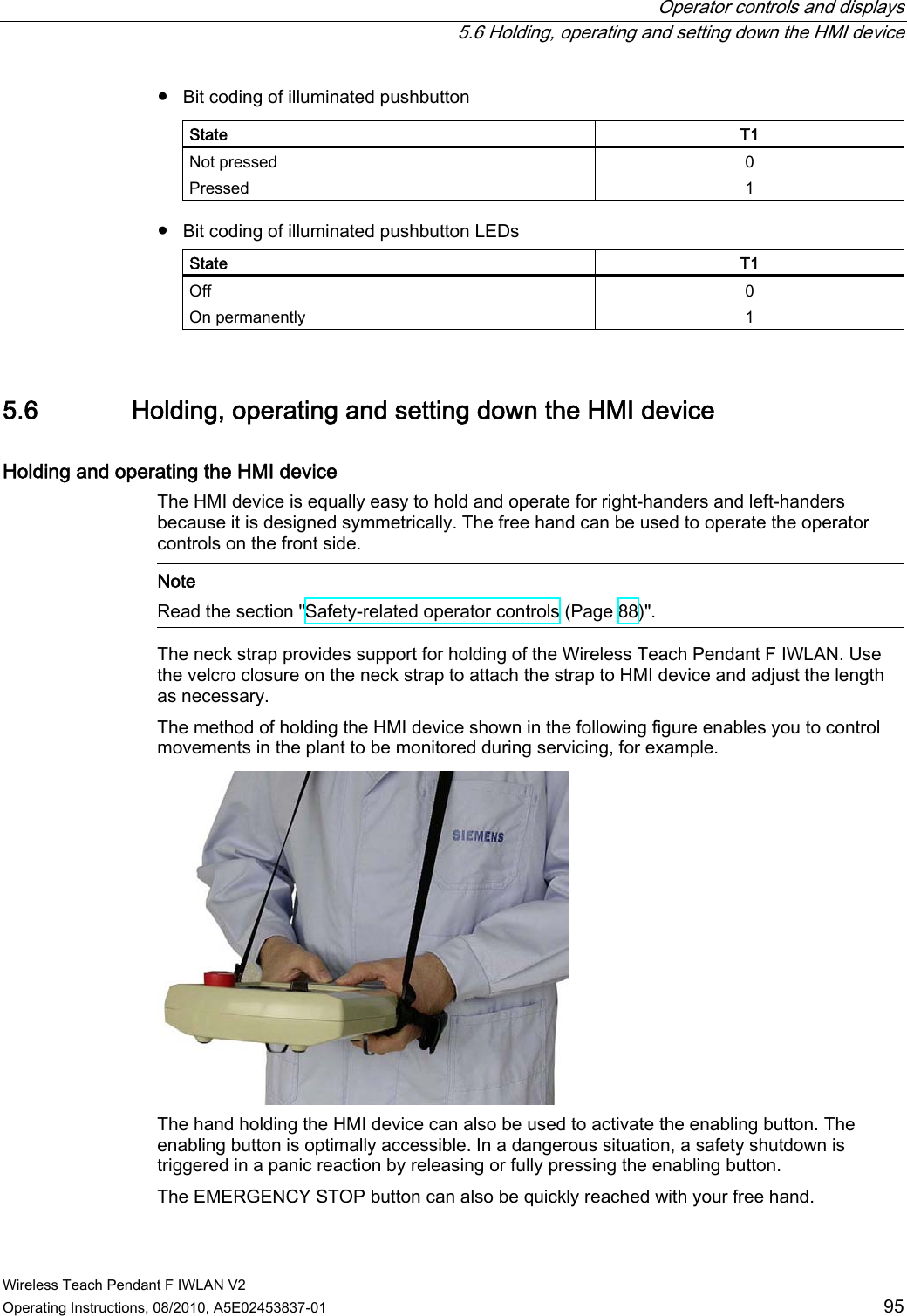  Operator controls and displays   5.6 Holding, operating and setting down the HMI device Wireless Teach Pendant F IWLAN V2 Operating Instructions, 08/2010, A5E02453837-01  95 ●  Bit coding of illuminated pushbutton  State  T1 Not pressed  0 Pressed  1 ●  Bit coding of illuminated pushbutton LEDs  State  T1 Off  0 On permanently  1 5.6 Holding, operating and setting down the HMI device Holding and operating the HMI device  The HMI device is equally easy to hold and operate for right-handers and left-handers because it is designed symmetrically. The free hand can be used to operate the operator controls on the front side.  Note Read the section &quot;Safety-related operator controls (Page 88)&quot;. The neck strap provides support for holding of the Wireless Teach Pendant F IWLAN. Use the velcro closure on the neck strap to attach the strap to HMI device and adjust the length as necessary. The method of holding the HMI device shown in the following figure enables you to control movements in the plant to be monitored during servicing, for example.  The hand holding the HMI device can also be used to activate the enabling button. The enabling button is optimally accessible. In a dangerous situation, a safety shutdown is triggered in a panic reaction by releasing or fully pressing the enabling button. The EMERGENCY STOP button can also be quickly reached with your free hand. PRELIMINARY II 1.7.2010