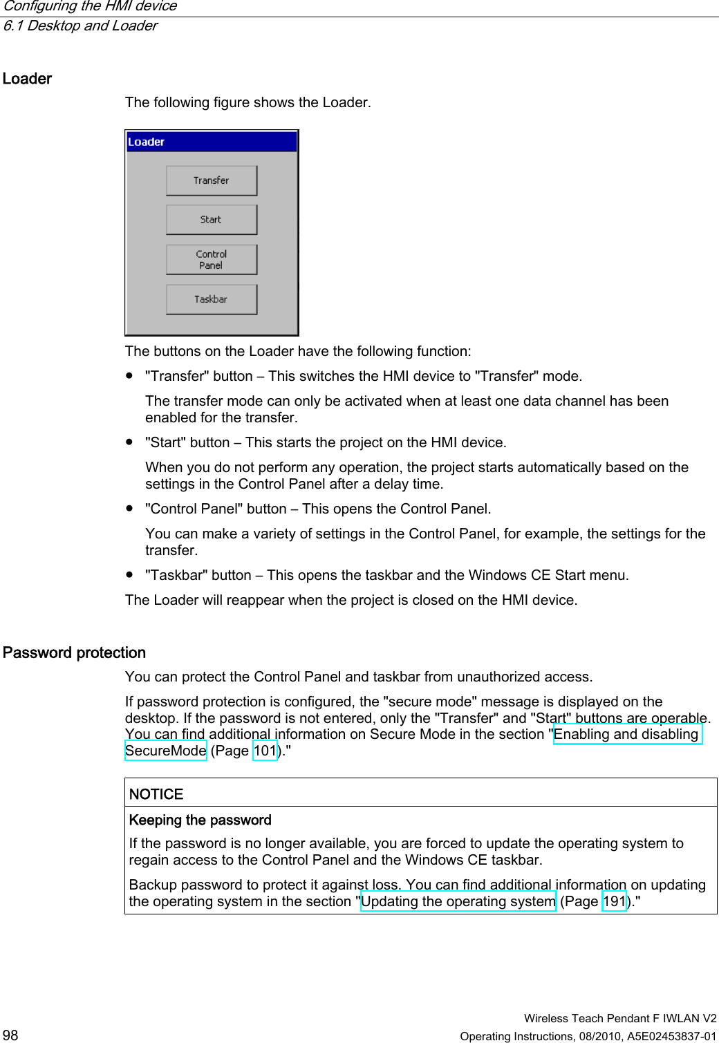 Configuring the HMI device   6.1 Desktop and Loader  Wireless Teach Pendant F IWLAN V2 98 Operating Instructions, 08/2010, A5E02453837-01 Loader  The following figure shows the Loader.   The buttons on the Loader have the following function: ●  &quot;Transfer&quot; button – This switches the HMI device to &quot;Transfer&quot; mode. The transfer mode can only be activated when at least one data channel has been enabled for the transfer. ●  &quot;Start&quot; button – This starts the project on the HMI device. When you do not perform any operation, the project starts automatically based on the settings in the Control Panel after a delay time. ●  &quot;Control Panel&quot; button – This opens the Control Panel. You can make a variety of settings in the Control Panel, for example, the settings for the transfer. ●  &quot;Taskbar&quot; button – This opens the taskbar and the Windows CE Start menu.  The Loader will reappear when the project is closed on the HMI device. Password protection  You can protect the Control Panel and taskbar from unauthorized access. If password protection is configured, the &quot;secure mode&quot; message is displayed on the desktop. If the password is not entered, only the &quot;Transfer&quot; and &quot;Start&quot; buttons are operable. You can find additional information on Secure Mode in the section &quot;Enabling and disabling SecureMode (Page 101).&quot;  NOTICE  Keeping the password If the password is no longer available, you are forced to update the operating system to regain access to the Control Panel and the Windows CE taskbar. Backup password to protect it against loss. You can find additional information on updating the operating system in the section &quot;Updating the operating system (Page 191).&quot;  PRELIMINARY II 1.7.2010