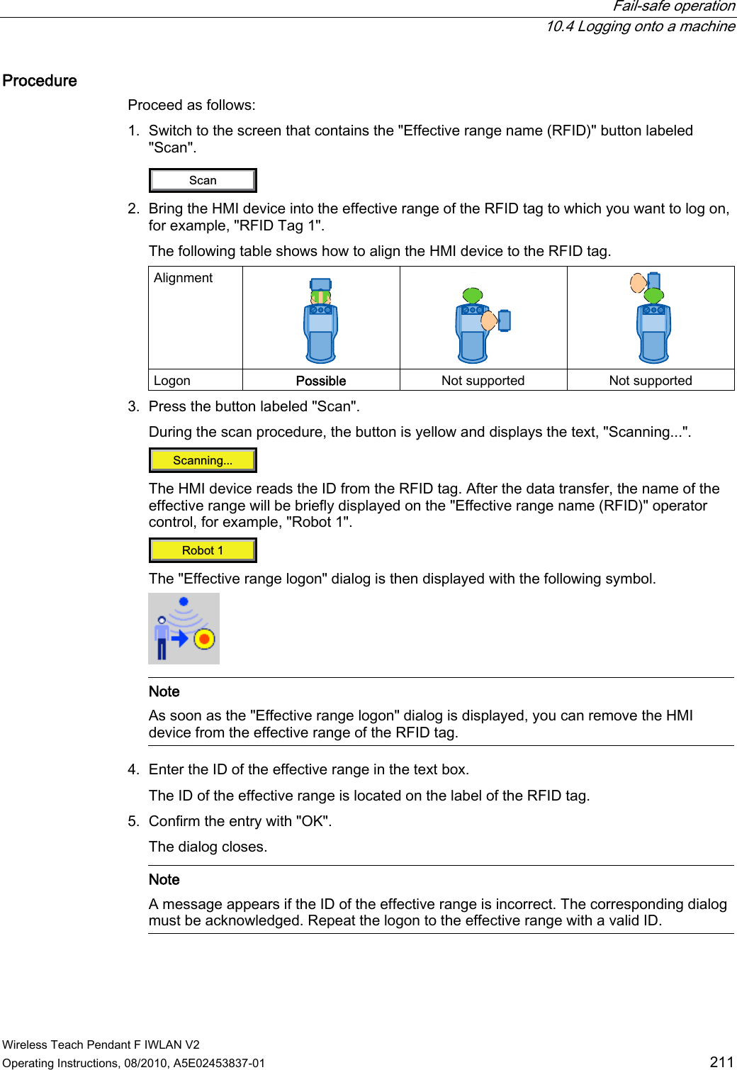  Fail-safe operation  10.4 Logging onto a machine Wireless Teach Pendant F IWLAN V2 Operating Instructions, 08/2010, A5E02453837-01  211 Procedure Proceed as follows: 1. Switch to the screen that contains the &quot;Effective range name (RFID)&quot; button labeled &quot;Scan&quot;. 6FDQ 2. Bring the HMI device into the effective range of the RFID tag to which you want to log on, for example, &quot;RFID Tag 1&quot;. The following table shows how to align the HMI device to the RFID tag.  Alignment      Logon  Possible  Not supported  Not supported 3. Press the button labeled &quot;Scan&quot;. During the scan procedure, the button is yellow and displays the text, &quot;Scanning...&quot;. 6FDQQLQJ The HMI device reads the ID from the RFID tag. After the data transfer, the name of the effective range will be briefly displayed on the &quot;Effective range name (RFID)&quot; operator control, for example, &quot;Robot 1&quot;. 5RERW The &quot;Effective range logon&quot; dialog is then displayed with the following symbol.     Note As soon as the &quot;Effective range logon&quot; dialog is displayed, you can remove the HMI device from the effective range of the RFID tag.  4. Enter the ID of the effective range in the text box. The ID of the effective range is located on the label of the RFID tag. 5. Confirm the entry with &quot;OK&quot;. The dialog closes.    Note A message appears if the ID of the effective range is incorrect. The corresponding dialog must be acknowledged. Repeat the logon to the effective range with a valid ID.  PRELIMINARY II 1.7.2010
