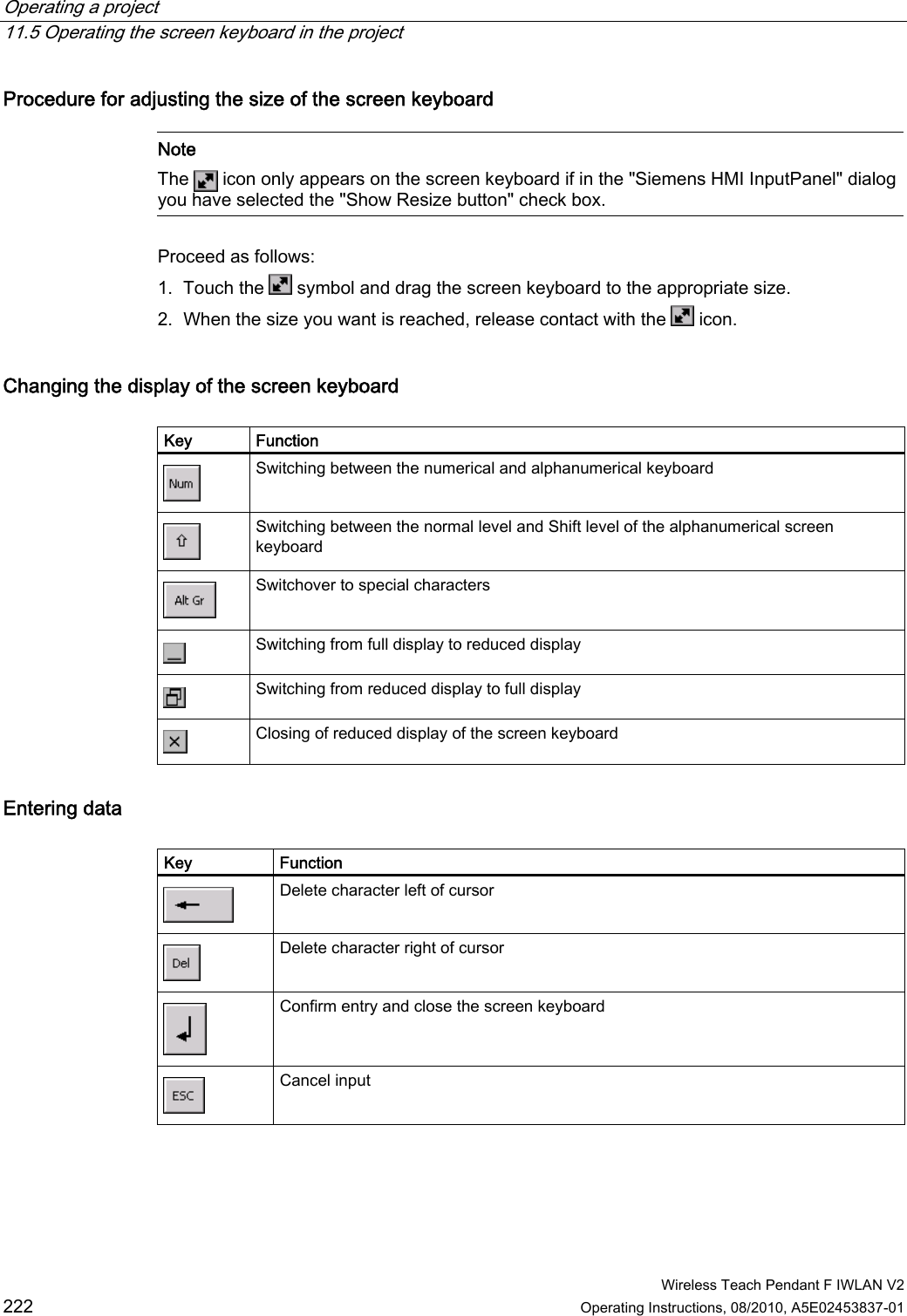 Operating a project   11.5 Operating the screen keyboard in the project  Wireless Teach Pendant F IWLAN V2 222 Operating Instructions, 08/2010, A5E02453837-01 Procedure for adjusting the size of the screen keyboard    Note The   icon only appears on the screen keyboard if in the &quot;Siemens HMI InputPanel&quot; dialog you have selected the &quot;Show Resize button&quot; check box.  Proceed as follows: 1. Touch the   symbol and drag the screen keyboard to the appropriate size. 2. When the size you want is reached, release contact with the   icon. Changing the display of the screen keyboard   Key  Function  Switching between the numerical and alphanumerical keyboard  Switching between the normal level and Shift level of the alphanumerical screen keyboard  Switchover to special characters  Switching from full display to reduced display  Switching from reduced display to full display  Closing of reduced display of the screen keyboard Entering data   Key  Function  Delete character left of cursor  Delete character right of cursor  Confirm entry and close the screen keyboard  Cancel input   PRELIMINARY II 1.7.2010