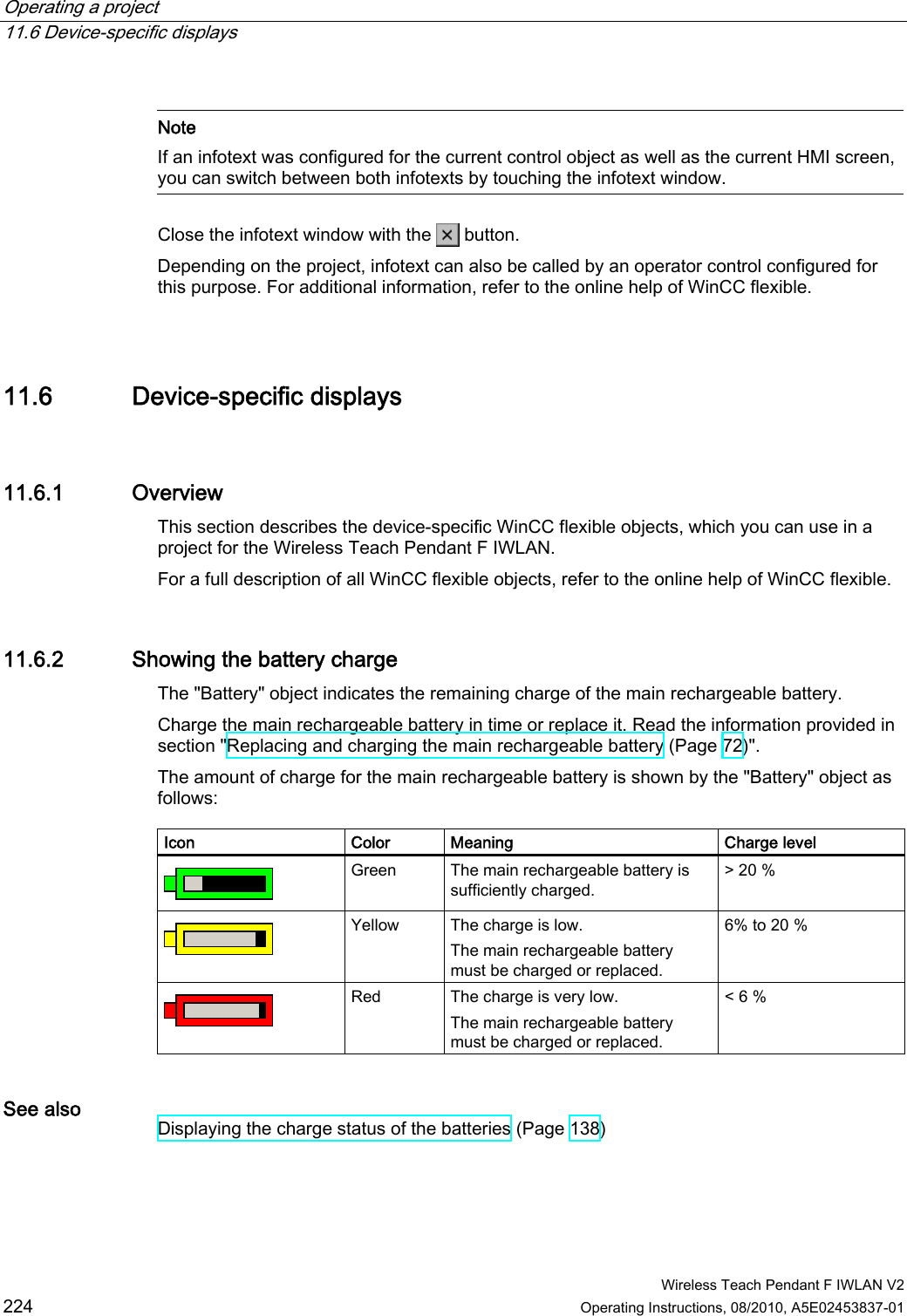 Operating a project   11.6 Device-specific displays  Wireless Teach Pendant F IWLAN V2 224 Operating Instructions, 08/2010, A5E02453837-01   Note If an infotext was configured for the current control object as well as the current HMI screen, you can switch between both infotexts by touching the infotext window.  Close the infotext window with the   button. Depending on the project, infotext can also be called by an operator control configured for this purpose. For additional information, refer to the online help of WinCC flexible. 11.6 Device-specific displays 11.6.1 Overview This section describes the device-specific WinCC flexible objects, which you can use in a project for the Wireless Teach Pendant F IWLAN. For a full description of all WinCC flexible objects, refer to the online help of WinCC flexible.  11.6.2 Showing the battery charge The &quot;Battery&quot; object indicates the remaining charge of the main rechargeable battery.  Charge the main rechargeable battery in time or replace it. Read the information provided in section &quot;Replacing and charging the main rechargeable battery (Page 72)&quot;. The amount of charge for the main rechargeable battery is shown by the &quot;Battery&quot; object as follows:  Icon  Color  Meaning   Charge level  Green  The main rechargeable battery is sufficiently charged. &gt; 20 %  Yellow  The charge is low. The main rechargeable battery must be charged or replaced. 6% to 20 %  Red  The charge is very low. The main rechargeable battery must be charged or replaced. &lt; 6 % See also  Displaying the charge status of the batteries (Page 138) PRELIMINARY II 1.7.2010