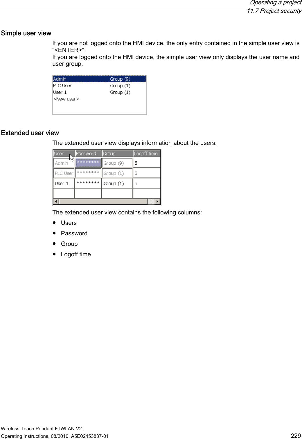  Operating a project  11.7 Project security Wireless Teach Pendant F IWLAN V2 Operating Instructions, 08/2010, A5E02453837-01  229 Simple user view  If you are not logged onto the HMI device, the only entry contained in the simple user view is &quot;&lt;ENTER&gt;&quot;. If you are logged onto the HMI device, the simple user view only displays the user name and user group.  Extended user view  The extended user view displays information about the users.  The extended user view contains the following columns: ●  Users ●  Password ●  Group ●  Logoff time PRELIMINARY II 1.7.2010