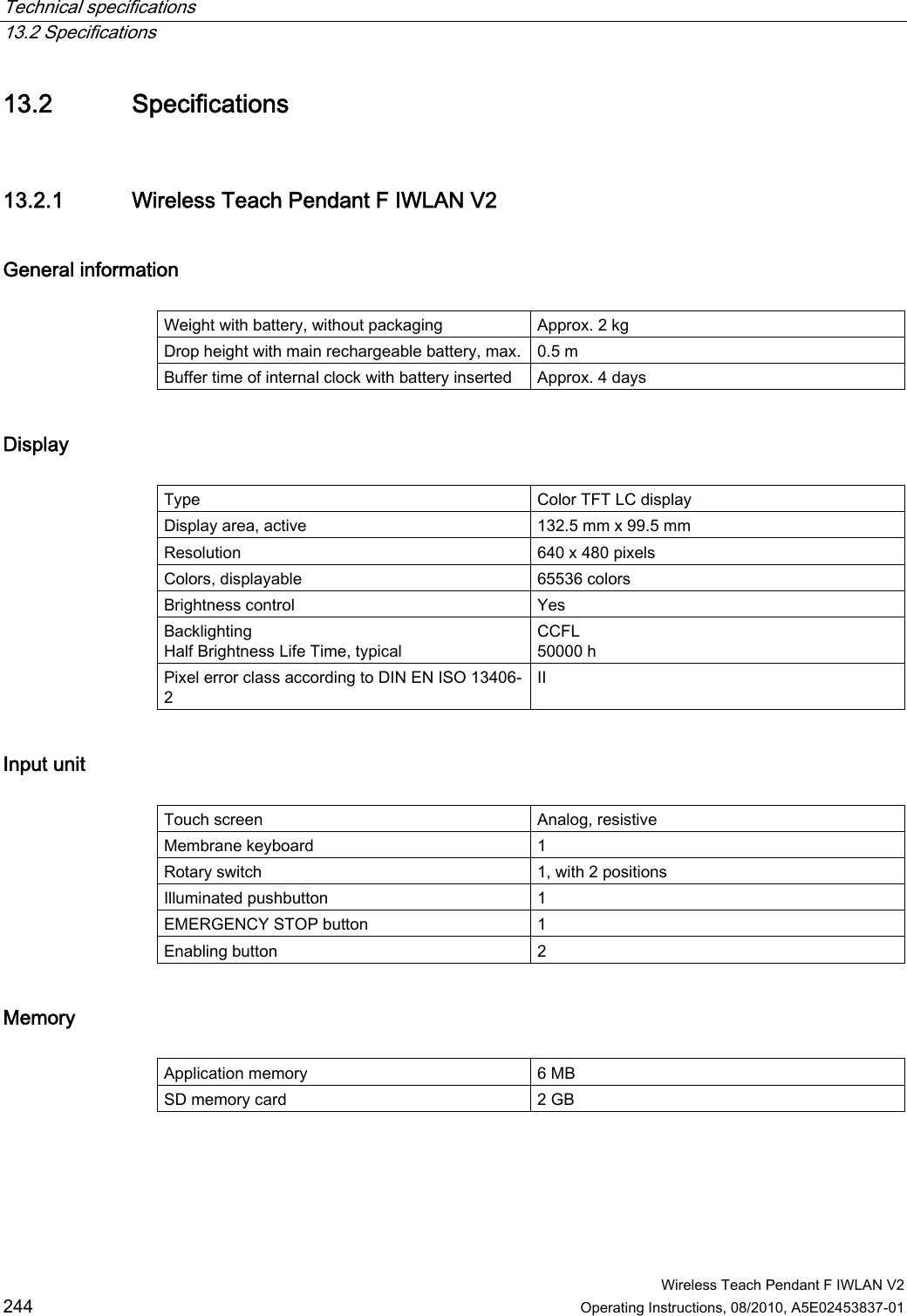 Technical specifications   13.2 Specifications  Wireless Teach Pendant F IWLAN V2 244 Operating Instructions, 08/2010, A5E02453837-01 13.2 Specifications 13.2.1 Wireless Teach Pendant F IWLAN V2 General information   Weight with battery, without packaging  Approx. 2 kg Drop height with main rechargeable battery, max.  0.5 m Buffer time of internal clock with battery inserted  Approx. 4 days Display   Type  Color TFT LC display Display area, active  132.5 mm x 99.5 mm Resolution  640 x 480 pixels Colors, displayable  65536 colors Brightness control  Yes Backlighting Half Brightness Life Time, typical CCFL 50000 h Pixel error class according to DIN EN ISO 13406-2 II Input unit   Touch screen  Analog, resistive Membrane keyboard  1 Rotary switch  1, with 2 positions Illuminated pushbutton  1 EMERGENCY STOP button  1 Enabling button  2 Memory   Application memory  6 MB SD memory card  2 GB PRELIMINARY II 1.7.2010