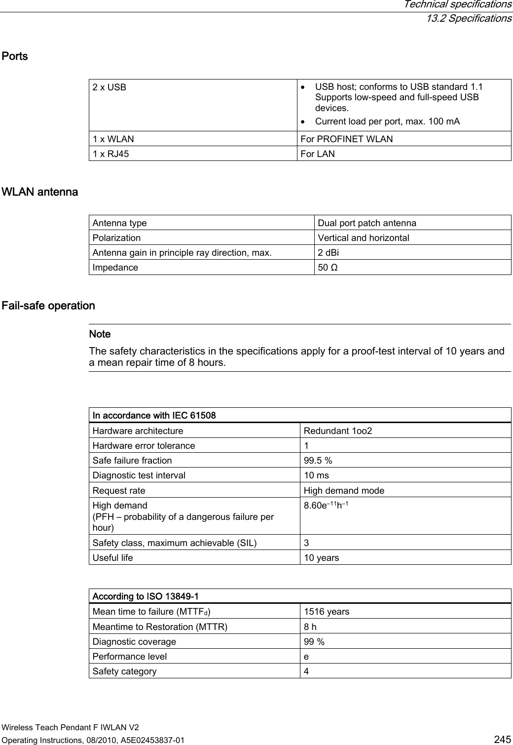  Technical specifications  13.2 Specifications Wireless Teach Pendant F IWLAN V2 Operating Instructions, 08/2010, A5E02453837-01  245 Ports   2 x USB   USB host; conforms to USB standard 1.1 Supports low-speed and full-speed USB devices.  Current load per port, max. 100 mA 1 x WLAN  For PROFINET WLAN 1 x RJ45  For LAN WLAN antenna   Antenna type  Dual port patch antenna Polarization  Vertical and horizontal Antenna gain in principle ray direction, max.  2 dBi Impedance  50 Ω Fail-safe operation    Note The safety characteristics in the specifications apply for a proof-test interval of 10 years and a mean repair time of 8 hours.    In accordance with IEC 61508 Hardware architecture  Redundant 1oo2 Hardware error tolerance  1 Safe failure fraction  99.5 % Diagnostic test interval  10 ms Request rate  High demand mode High demand (PFH – probability of a dangerous failure per hour) 8.60e–11h–1 Safety class, maximum achievable (SIL)  3 Useful life  10 years   According to ISO 13849-1 Mean time to failure (MTTFd)  1516 years Meantime to Restoration (MTTR)  8 h Diagnostic coverage  99 % Performance level  e Safety category  4  PRELIMINARY II 1.7.2010