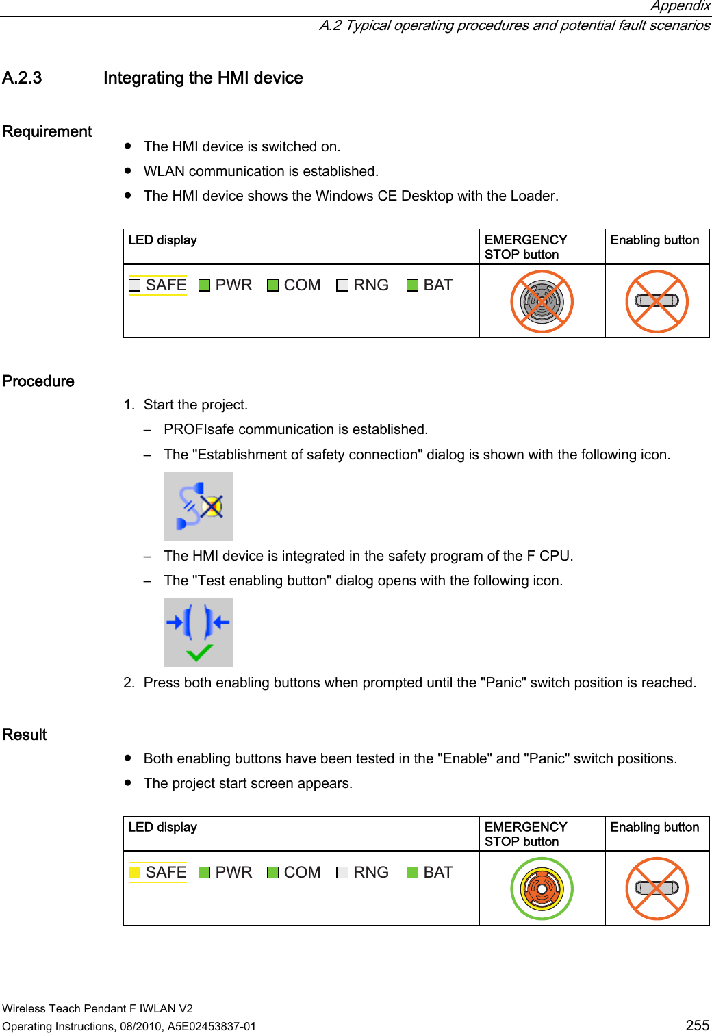  Appendix   A.2 Typical operating procedures and potential fault scenarios Wireless Teach Pendant F IWLAN V2 Operating Instructions, 08/2010, A5E02453837-01  255 A.2.3 Integrating the HMI device Requirement  ●  The HMI device is switched on. ●  WLAN communication is established. ●  The HMI device shows the Windows CE Desktop with the Loader.   LED display  EMERGENCY STOP button Enabling button 6$)( 3:5 &amp;20 51* %$7    Procedure 1. Start the project. –  PROFIsafe communication is established. –  The &quot;Establishment of safety connection&quot; dialog is shown with the following icon.  –  The HMI device is integrated in the safety program of the F CPU. –  The &quot;Test enabling button&quot; dialog opens with the following icon.  2. Press both enabling buttons when prompted until the &quot;Panic&quot; switch position is reached. Result ●  Both enabling buttons have been tested in the &quot;Enable&quot; and &quot;Panic&quot; switch positions. ●  The project start screen appears.  LED display  EMERGENCY STOP button Enabling button 6$)( 3:5 &amp;20 51* %$7    PRELIMINARY II 1.7.2010