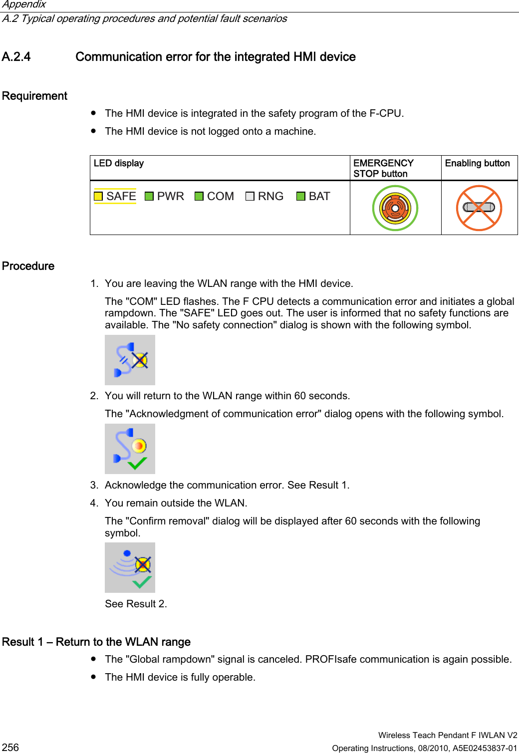 Appendix   A.2 Typical operating procedures and potential fault scenarios  Wireless Teach Pendant F IWLAN V2 256 Operating Instructions, 08/2010, A5E02453837-01 A.2.4 Communication error for the integrated HMI device Requirement ●  The HMI device is integrated in the safety program of the F-CPU.  ●  The HMI device is not logged onto a machine.  LED display  EMERGENCY STOP button Enabling button 6$)( 3:5 &amp;20 51* %$7    Procedure 1. You are leaving the WLAN range with the HMI device. The &quot;COM&quot; LED flashes. The F CPU detects a communication error and initiates a global rampdown. The &quot;SAFE&quot; LED goes out. The user is informed that no safety functions are available. The &quot;No safety connection&quot; dialog is shown with the following symbol.  2. You will return to the WLAN range within 60 seconds. The &quot;Acknowledgment of communication error&quot; dialog opens with the following symbol.  3. Acknowledge the communication error. See Result 1. 4. You remain outside the WLAN. The &quot;Confirm removal&quot; dialog will be displayed after 60 seconds with the following symbol.  See Result 2. Result 1 – Return to the WLAN range ●  The &quot;Global rampdown&quot; signal is canceled. PROFIsafe communication is again possible. ●  The HMI device is fully operable. PRELIMINARY II 1.7.2010