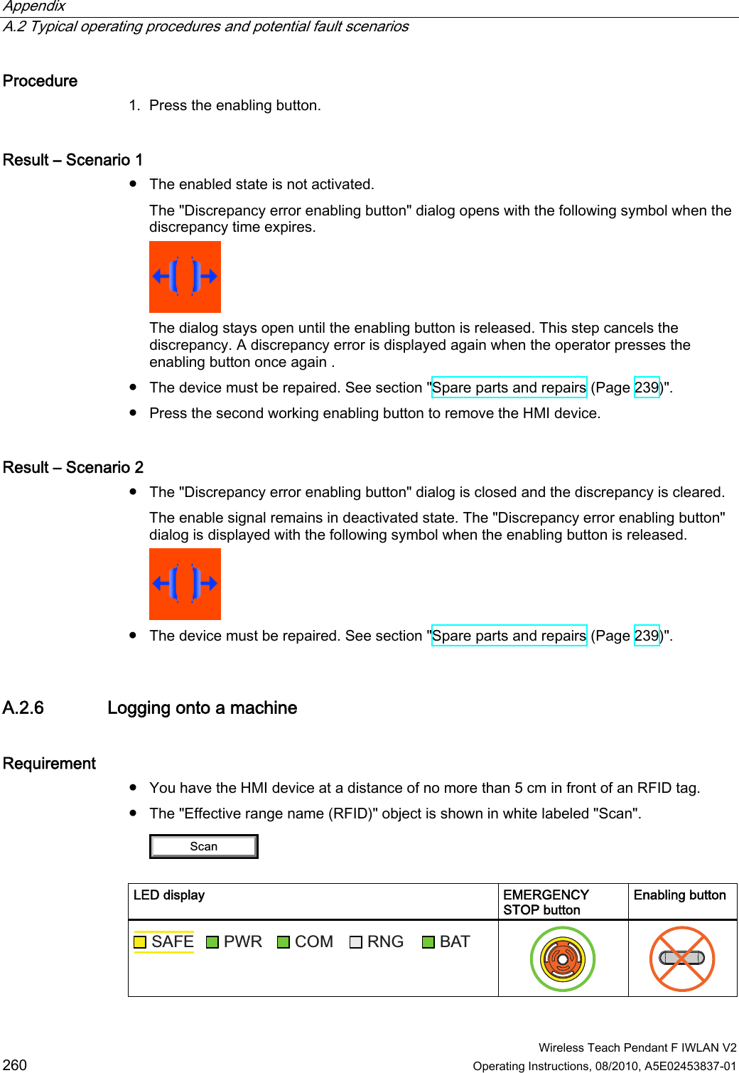 Appendix   A.2 Typical operating procedures and potential fault scenarios  Wireless Teach Pendant F IWLAN V2 260 Operating Instructions, 08/2010, A5E02453837-01 Procedure 1. Press the enabling button. Result – Scenario 1 ●  The enabled state is not activated. The &quot;Discrepancy error enabling button&quot; dialog opens with the following symbol when the discrepancy time expires.  The dialog stays open until the enabling button is released. This step cancels the discrepancy. A discrepancy error is displayed again when the operator presses the enabling button once again . ●  The device must be repaired. See section &quot;Spare parts and repairs (Page 239)&quot;. ●  Press the second working enabling button to remove the HMI device. Result – Scenario 2 ●  The &quot;Discrepancy error enabling button&quot; dialog is closed and the discrepancy is cleared. The enable signal remains in deactivated state. The &quot;Discrepancy error enabling button&quot; dialog is displayed with the following symbol when the enabling button is released.  ●  The device must be repaired. See section &quot;Spare parts and repairs (Page 239)&quot;. A.2.6 Logging onto a machine Requirement ●  You have the HMI device at a distance of no more than 5 cm in front of an RFID tag. ●  The &quot;Effective range name (RFID)&quot; object is shown in white labeled &quot;Scan&quot;. 6FDQ  LED display  EMERGENCY STOP button Enabling button 6$)( 3:5 &amp;20 51* %$7    PRELIMINARY II 1.7.2010