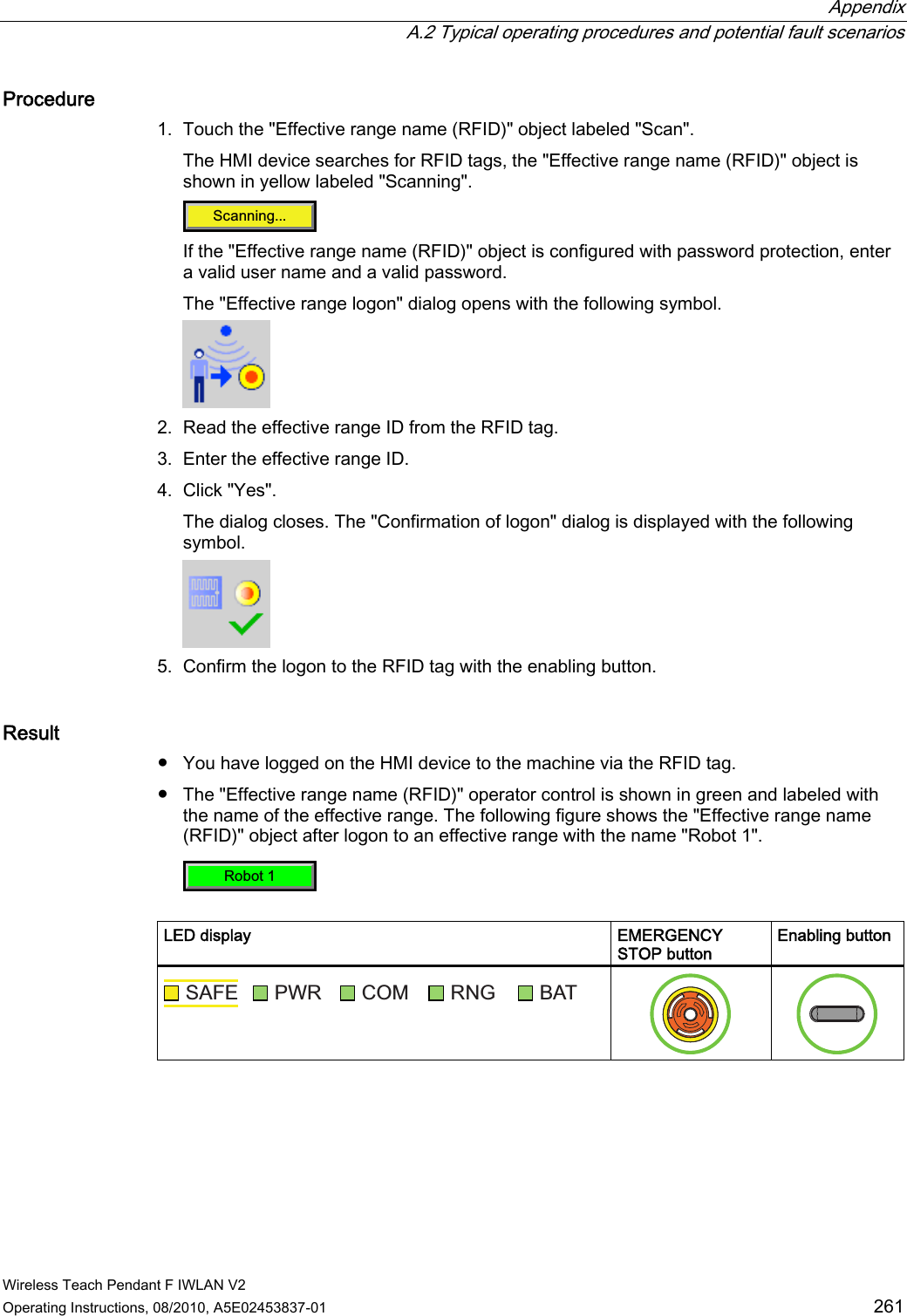  Appendix   A.2 Typical operating procedures and potential fault scenarios Wireless Teach Pendant F IWLAN V2 Operating Instructions, 08/2010, A5E02453837-01  261 Procedure  1. Touch the &quot;Effective range name (RFID)&quot; object labeled &quot;Scan&quot;. The HMI device searches for RFID tags, the &quot;Effective range name (RFID)&quot; object is shown in yellow labeled &quot;Scanning&quot;. 6FDQQLQJ If the &quot;Effective range name (RFID)&quot; object is configured with password protection, enter a valid user name and a valid password. The &quot;Effective range logon&quot; dialog opens with the following symbol.  2. Read the effective range ID from the RFID tag. 3. Enter the effective range ID. 4. Click &quot;Yes&quot;. The dialog closes. The &quot;Confirmation of logon&quot; dialog is displayed with the following symbol.  5. Confirm the logon to the RFID tag with the enabling button. Result ●  You have logged on the HMI device to the machine via the RFID tag. ●  The &quot;Effective range name (RFID)&quot; operator control is shown in green and labeled with the name of the effective range. The following figure shows the &quot;Effective range name (RFID)&quot; object after logon to an effective range with the name &quot;Robot 1&quot;. 5RERW  LED display  EMERGENCY STOP button Enabling button 6$)( 3:5 &amp;20 51* %$7    PRELIMINARY II 1.7.2010