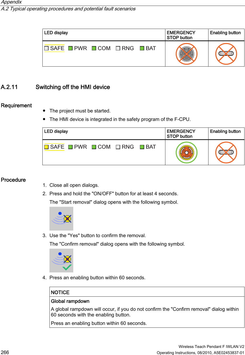 Appendix   A.2 Typical operating procedures and potential fault scenarios  Wireless Teach Pendant F IWLAN V2 266 Operating Instructions, 08/2010, A5E02453837-01  LED display  EMERGENCY STOP button Enabling button 6$)( 3:5 &amp;20 51* %$7    A.2.11 Switching off the HMI device Requirement  ●  The project must be started. ●  The HMI device is integrated in the safety program of the F-CPU.  LED display  EMERGENCY STOP button Enabling button 6$)( 3:5 &amp;20 51* %$7    Procedure  1. Close all open dialogs. 2. Press and hold the &quot;ON/OFF&quot; button for at least 4 seconds. The &quot;Start removal&quot; dialog opens with the following symbol.  3. Use the &quot;Yes&quot; button to confirm the removal. The &quot;Confirm removal&quot; dialog opens with the following symbol.  4. Press an enabling button within 60 seconds.  NOTICE   Global rampdown A global rampdown will occur, if you do not confirm the &quot;Confirm removal&quot; dialog within 60 seconds with the enabling button. Press an enabling button within 60 seconds.  PRELIMINARY II 1.7.2010