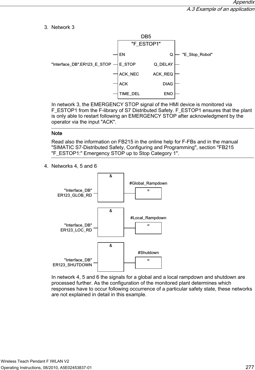  Appendix  A.3 Example of an application Wireless Teach Pendant F IWLAN V2 Operating Instructions, 08/2010, A5E02453837-01  277 3. Network 3 )B(6723&apos;%,QWHUIDFHB&apos;%(5B(B6723(B6WRSB5RERW(1(B6723$&amp;.B1(&amp;$&amp;.7,0(B&apos;(/44B&apos;(/$&lt;$&amp;.B5(4&apos;,$*(12 In network 3, the EMERGENCY STOP signal of the HMI device is monitored via F_ESTOP1 from the F-library of S7 Distributed Safety. F_ESTOP1 ensures that the plant is only able to restart following an EMERGENCY STOP after acknowledgment by the operator via the input &quot;ACK&quot;.    Note Read also the information on FB215 in the online help for F-FBs and in the manual &quot;SIMATIC S7-Distributed Safety, Configuring and Programming&quot;, section &quot;FB215 &quot;F_ESTOP1:&quot; Emergency STOP up to Stop Category 1&quot;.  4. Networks 4, 5 and 6    *OREDOB5DPSGRZQ/RFDOB5DPSGRZQ6KXWGRZQ,QWHUIDFHB&apos;%(5B*/2%B5&apos;,QWHUIDFHB&apos;%(5B/2&amp;B5&apos;,QWHUIDFHB&apos;%(5B6+87&apos;2:1 In network 4, 5 and 6 the signals for a global and a local rampdown and shutdown are processed further. As the configuration of the monitored plant determines which responses have to occur following occurrence of a particular safety state, these networks are not explained in detail in this example. PRELIMINARY II 1.7.2010