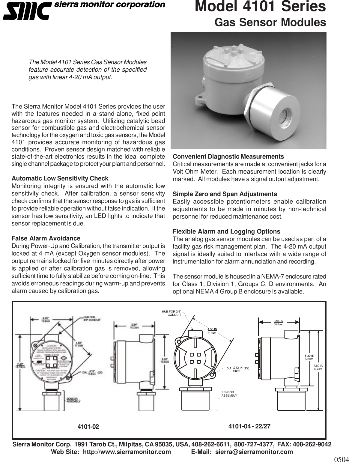 Page 1 of 2 - Sierra-Monitor-Corporation Sierra-Monitor-Corporation-Gas-Sensor-Modules-4101-Users-Manual- 4101XX-DS  Sierra-monitor-corporation-gas-sensor-modules-4101-users-manual