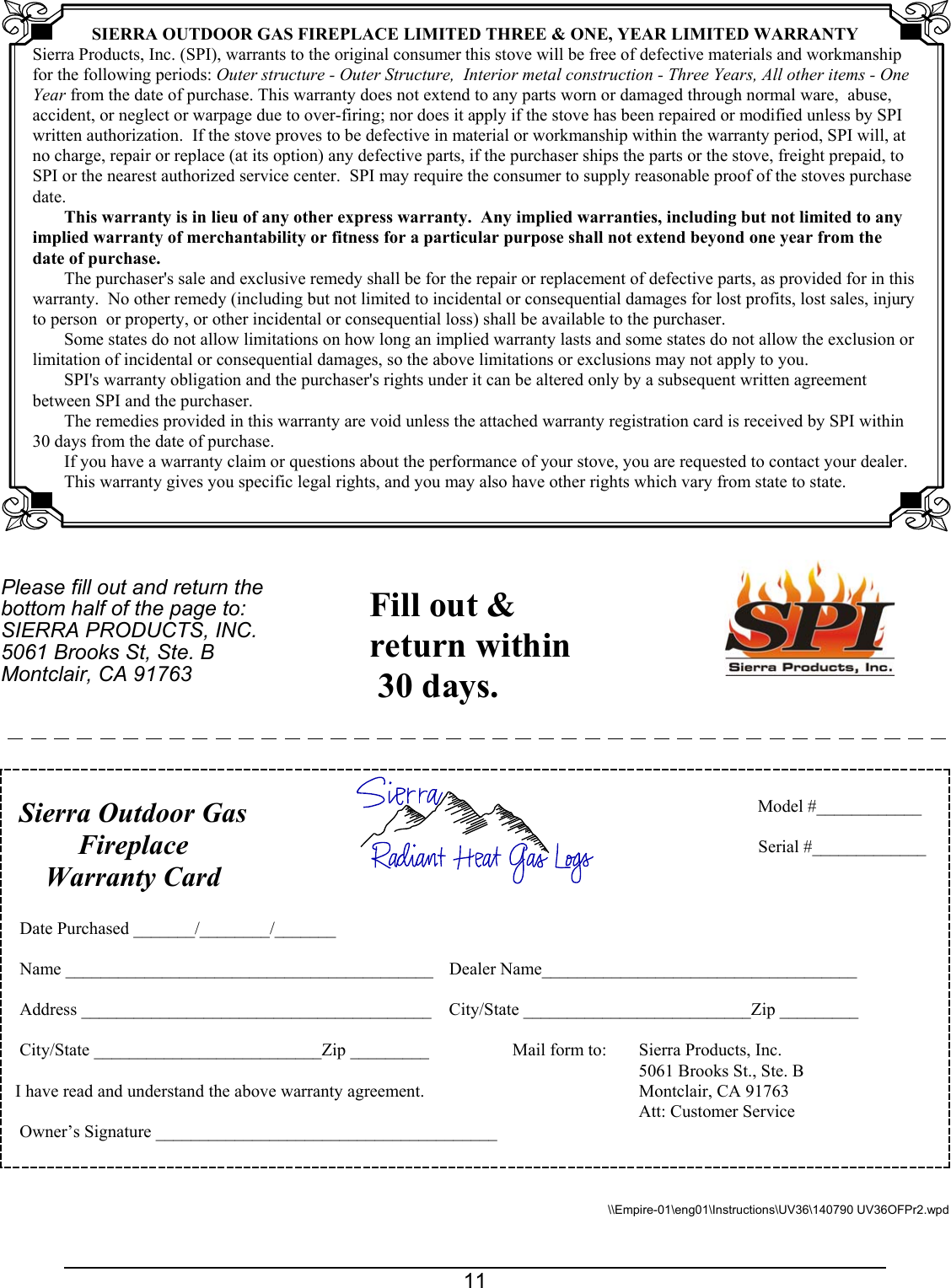 Page 11 of 11 - Sierra-Products Sierra-Products-Uv360Fp-Users-Manual- Empire-01\eng01\Instructions\UV36\140790 UV36OFPr2.wpd  Sierra-products-uv360fp-users-manual