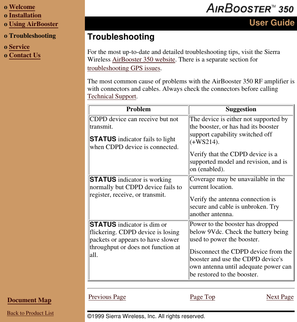 o Welcomeo Installationo Using AirBoostero Troubleshootingo Serviceo Contact UsUser GuideTroubleshootingFor the most up-to-date and detailed troubleshooting tips, visit the SierraWireless AirBooster 350 website. There is a separate section fortroubleshooting GPS issues.The most common cause of problems with the AirBooster 350 RF amplifier iswith connectors and cables. Always check the connectors before callingTechnical Support.Problem SuggestionCDPD device can receive but nottransmit.STATUS indicator fails to lightwhen CDPD device is connected.The device is either not supported bythe booster, or has had its boostersupport capability switched off(+WS214).Verify that the CDPD device is asupported model and revision, and ison (enabled).STATUS indicator is workingnormally but CDPD device fails toregister, receive, or transmit.Coverage may be unavailable in thecurrent location.Verify the antenna connection issecure and cable is unbroken. Tryanother antenna.STATUS indicator is dim orflickering. CDPD device is losingpackets or appears to have slowerthroughput or does not function atall.Power to the booster has droppedbelow 9Vdc. Check the battery beingused to power the booster.Disconnect the CDPD device from thebooster and use the CDPD device'sown antenna until adequate power canbe restored to the booster. Document Map Back to Product ListPrevious Page Page Top Next Page©1999 Sierra Wireless, Inc. All rights reserved.