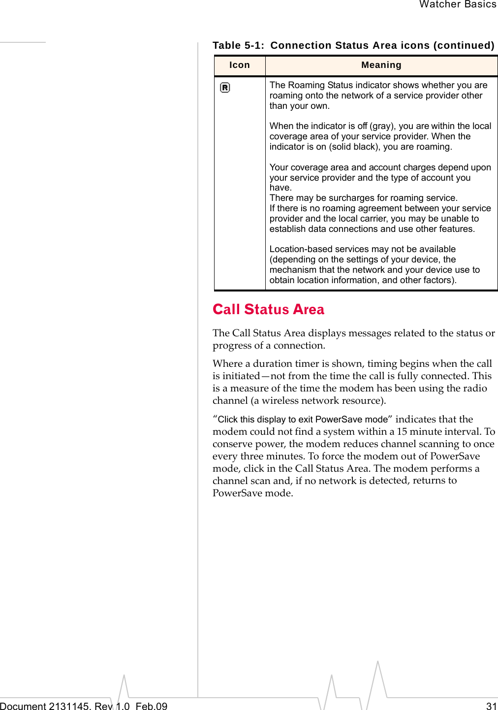 Watcher BasicsDocument 2131145. Rev 1.0 Feb.09 31Call Status AreaTheCallStatusAreadisplaysmessagesrelatedtothestatusorprogressofaconnection.Whereadurationtimerisshown,timingbeginswhenthecallisinitiated—notfromthetimethecallisfullyconnected.Thisisameasureofthetimethemodemhasbeenusingtheradiochannel(awirelessnetworkresource).“Click this display to exit PowerSave mode”indicatesthatthemodemcouldnotfindasystemwithina15 minuteinterval.Toconservepower,themodemreduceschannelscanningtoonceeverythreeminutes.ToforcethemodemoutofPowerSavemode,clickintheCallStatusArea.Themodemperformsachannelscanand,ifnonetworkisdetected,returnstoPowerSavemode.The Roaming Status indicator shows whether you are roaming onto the network of a service provider other than your own.When the indicator is off (gray), you are within the local coverage area of your service provider. When the indicator is on (solid black), you are roaming.Your coverage area and account charges depend upon your service provider and the type of account you have.There may be surcharges for roaming service.If there is no roaming agreement between your service provider and the local carrier, you may be unable to establish data connections and use other features.Location-based services may not be available (depending on the settings of your device, the mechanism that the network and your device use to obtain location information, and other factors).Table 5-1: Connection Status Area icons (continued)Icon Meaning