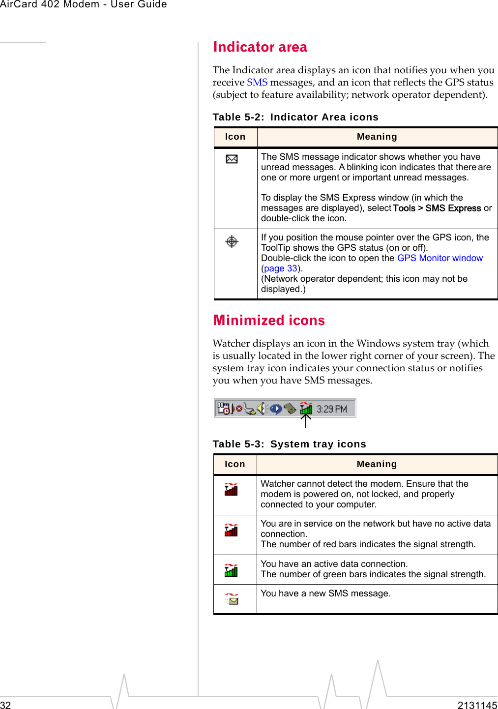 AirCard 402 Modem - User Guide32 2131145Indicator areaTheIndicatorareadisplaysaniconthatnotifiesyouwhenyoureceiveSMSmessages,andaniconthatreflectstheGPSstatus(subjecttofeatureavailability;networkoperatordependent).Minimized iconsWatcherdisplaysaniconintheWindowssystemtray(whichisusuallylocatedinthelowerrightcornerofyourscreen).ThesystemtrayiconindicatesyourconnectionstatusornotifiesyouwhenyouhaveSMSmessages.Table 5-2: Indicator Area iconsIcon MeaningThe SMS message indicator shows whether you have unread messages. A blinking icon indicates that there are one or more urgent or important unread messages.To display the SMS Express window (in which the messages are displayed), select Tools > SMS Express or double-click the icon.If you position the mouse pointer over the GPS icon, the ToolTip shows the GPS status (on or off).Double-click the icon to open the GPS Monitor window (page 33).(Network operator dependent; this icon may not be displayed.)Table 5-3: System tray iconsIcon MeaningWatcher cannot detect the modem. Ensure that the modem is powered on, not locked, and properly connected to your computer.You are in service on the network but have no active data connection.The number of red bars indicates the signal strength.You have an active data connection.The number of green bars indicates the signal strength.You have a new SMS message.