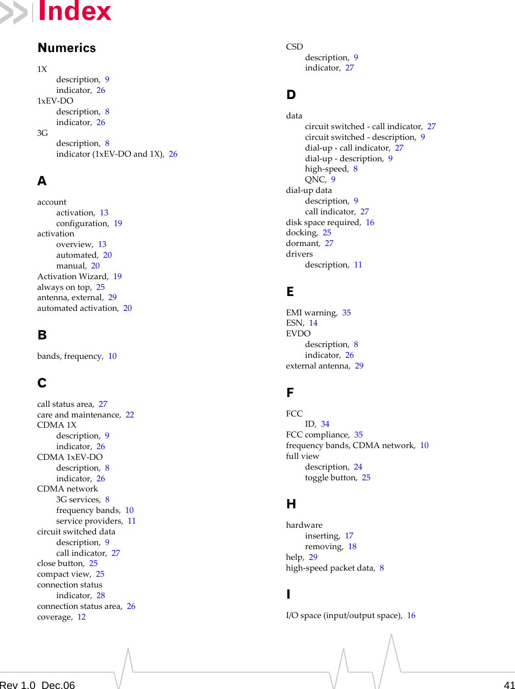 Rev 1.0  Dec.06 41IndexNumerics1Xdescription,9indicator,261xEV‐DOdescription,8indicator,263Gdescription,8indicator(1xEV‐DOand1X),26Aaccountactivation,13configuration,19activationoverview,13automated,20manual,20ActivationWizard,19alwaysontop,25antenna,external,29automatedactivation,20Bbands,frequency,10Ccallstatusarea,27careandmaintenance,22CDMA1Xdescription,9indicator,26CDMA1xEV‐DOdescription,8indicator,26CDMAnetwork3Gservices,8frequencybands,10serviceproviders,11circuitswitcheddatadescription,9callindicator,27closebutton,25compactview,25connectionstatusindicator,28connectionstatusarea,26coverage,12CSDdescription,9indicator,27Ddatacircuitswitched‐callindicator,27circuitswitched‐description,9dial‐up‐callindicator,27dial‐up‐description,9high‐speed,8QNC,9dial‐updatadescription,9callindicator,27diskspacerequired,16docking,25dormant,27driversdescription,11EEMIwarning,35ESN,14EVDOdescription,8indicator,26externalantenna,29FFCCID,34FCCcompliance,35frequencybands,CDMAnetwork,10fullviewdescription,24togglebutton,25Hhardwareinserting,17removing,18help,29high‐speedpacketdata,8II/Ospace(input/outputspace),16
