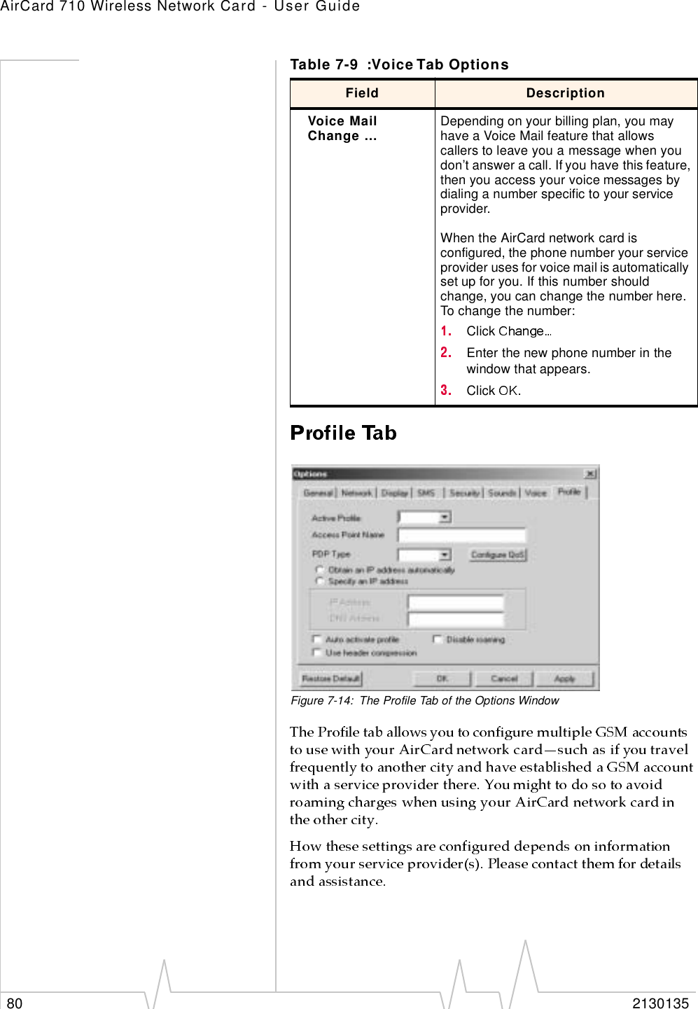 AirCard 710 Wireless Network Card - User Guide80 2130135Figure 7-14: The Profile Tab of the Options WindowVoice MailChange … Depending on your billing plan, you may have a Voice Mail feature that allows callers to leave you a message when you don’t answer a call. If you have this feature, then you access your voice messages by dialing a number specific to your service provider. When the AirCard network card is configured, the phone number your service provider uses for voice mail is automatically set up for you. If this number should change, you can change the number here. To change the number: Click Enter the new phone number in the window that appears.Click  .Table 7-9 :Voice Tab OptionsField Description