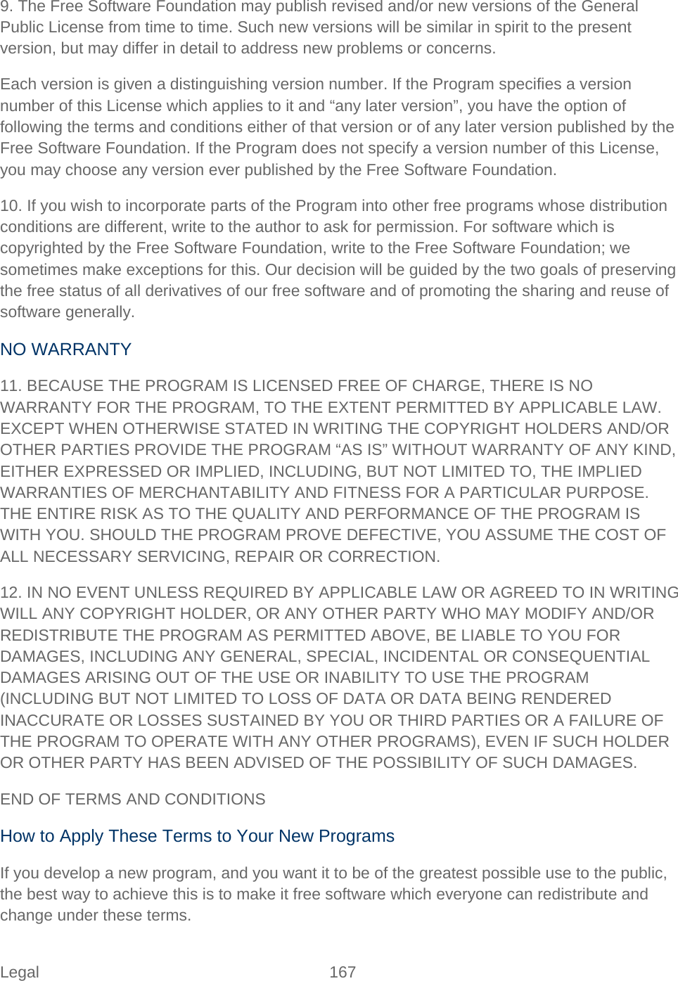 Legal 167   9. The Free Software Foundation may publish revised and/or new versions of the General Public License from time to time. Such new versions will be similar in spirit to the present version, but may differ in detail to address new problems or concerns.  Each version is given a distinguishing version number. If the Program specifies a version number of this License which applies to it and “any later version”, you have the option of following the terms and conditions either of that version or of any later version published by the Free Software Foundation. If the Program does not specify a version number of this License, you may choose any version ever published by the Free Software Foundation.  10. If you wish to incorporate parts of the Program into other free programs whose distribution conditions are different, write to the author to ask for permission. For software which is copyrighted by the Free Software Foundation, write to the Free Software Foundation; we sometimes make exceptions for this. Our decision will be guided by the two goals of preserving the free status of all derivatives of our free software and of promoting the sharing and reuse of software generally.  NO WARRANTY 11. BECAUSE THE PROGRAM IS LICENSED FREE OF CHARGE, THERE IS NO WARRANTY FOR THE PROGRAM, TO THE EXTENT PERMITTED BY APPLICABLE LAW. EXCEPT WHEN OTHERWISE STATED IN WRITING THE COPYRIGHT HOLDERS AND/OR OTHER PARTIES PROVIDE THE PROGRAM “AS IS” WITHOUT WARRANTY OF ANY KIND, EITHER EXPRESSED OR IMPLIED, INCLUDING, BUT NOT LIMITED TO, THE IMPLIED WARRANTIES OF MERCHANTABILITY AND FITNESS FOR A PARTICULAR PURPOSE. THE ENTIRE RISK AS TO THE QUALITY AND PERFORMANCE OF THE PROGRAM IS WITH YOU. SHOULD THE PROGRAM PROVE DEFECTIVE, YOU ASSUME THE COST OF ALL NECESSARY SERVICING, REPAIR OR CORRECTION.  12. IN NO EVENT UNLESS REQUIRED BY APPLICABLE LAW OR AGREED TO IN WRITING WILL ANY COPYRIGHT HOLDER, OR ANY OTHER PARTY WHO MAY MODIFY AND/OR REDISTRIBUTE THE PROGRAM AS PERMITTED ABOVE, BE LIABLE TO YOU FOR DAMAGES, INCLUDING ANY GENERAL, SPECIAL, INCIDENTAL OR CONSEQUENTIAL DAMAGES ARISING OUT OF THE USE OR INABILITY TO USE THE PROGRAM (INCLUDING BUT NOT LIMITED TO LOSS OF DATA OR DATA BEING RENDERED INACCURATE OR LOSSES SUSTAINED BY YOU OR THIRD PARTIES OR A FAILURE OF THE PROGRAM TO OPERATE WITH ANY OTHER PROGRAMS), EVEN IF SUCH HOLDER OR OTHER PARTY HAS BEEN ADVISED OF THE POSSIBILITY OF SUCH DAMAGES.  END OF TERMS AND CONDITIONS How to Apply These Terms to Your New Programs If you develop a new program, and you want it to be of the greatest possible use to the public, the best way to achieve this is to make it free software which everyone can redistribute and change under these terms. 