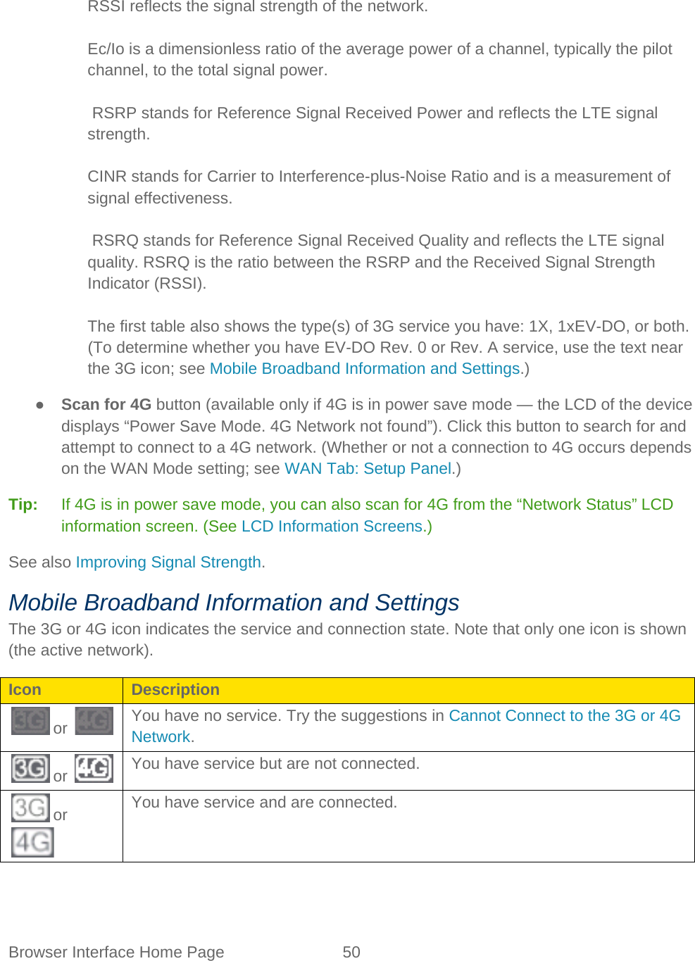 Browser Interface Home Page 50    RSSI reflects the signal strength of the network.  Ec/Io is a dimensionless ratio of the average power of a channel, typically the pilot channel, to the total signal power.   RSRP stands for Reference Signal Received Power and reflects the LTE signal strength.  CINR stands for Carrier to Interference-plus-Noise Ratio and is a measurement of signal effectiveness.   RSRQ stands for Reference Signal Received Quality and reflects the LTE signal quality. RSRQ is the ratio between the RSRP and the Received Signal Strength Indicator (RSSI).  The first table also shows the type(s) of 3G service you have: 1X, 1xEV-DO, or both. (To determine whether you have EV-DO Rev. 0 or Rev. A service, use the text near the 3G icon; see Mobile Broadband Information and Settings.) ● Scan for 4G button (available only if 4G is in power save mode — the LCD of the device displays “Power Save Mode. 4G Network not found”). Click this button to search for and attempt to connect to a 4G network. (Whether or not a connection to 4G occurs depends on the WAN Mode setting; see WAN Tab: Setup Panel.) Tip:   If 4G is in power save mode, you can also scan for 4G from the “Network Status” LCD information screen. (See LCD Information Screens.) See also Improving Signal Strength. Mobile Broadband Information and Settings The 3G or 4G icon indicates the service and connection state. Note that only one icon is shown (the active network). Icon Description  or   You have no service. Try the suggestions in Cannot Connect to the 3G or 4G Network.  or   You have service but are not connected.  or  You have service and are connected.  