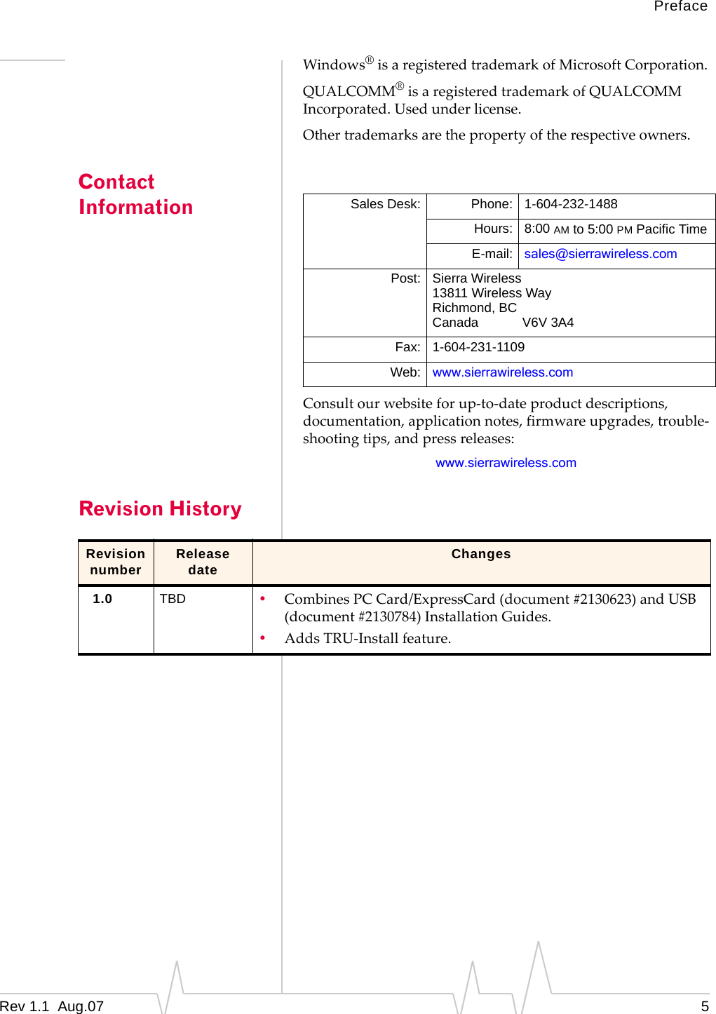 Preface Rev 1.1 Aug.07 5 Windows® is a registered trademark of Microsoft Corporation. QUALCOMM® is a registered trademark of QUALCOMM Incorporated. Used under license. Other trademarks are the property of the respective owners. Contact Information Consult our website for up-to-date product descriptions, documentation, application notes, firmware upgrades, trouble-shooting tips, and press releases: www.sierrawireless.com Revision History Revision number Release date Changes 1.0 TBD • Combines PC Card/ExpressCard (document #2130623) and USB (document #2130784) Installation Guides. • Adds TRU-Install feature. Sales Desk: Phone: 1-604-232-1488 Hours: 8:00 AM to 5:00 PM Pacific Time E-mail: sales@sierrawireless.com Post: Sierra Wireless 13811 Wireless Way Richmond, BC Canada V6V 3A4 Fax: 1-604-231-1109 Web: www.sierrawireless.com