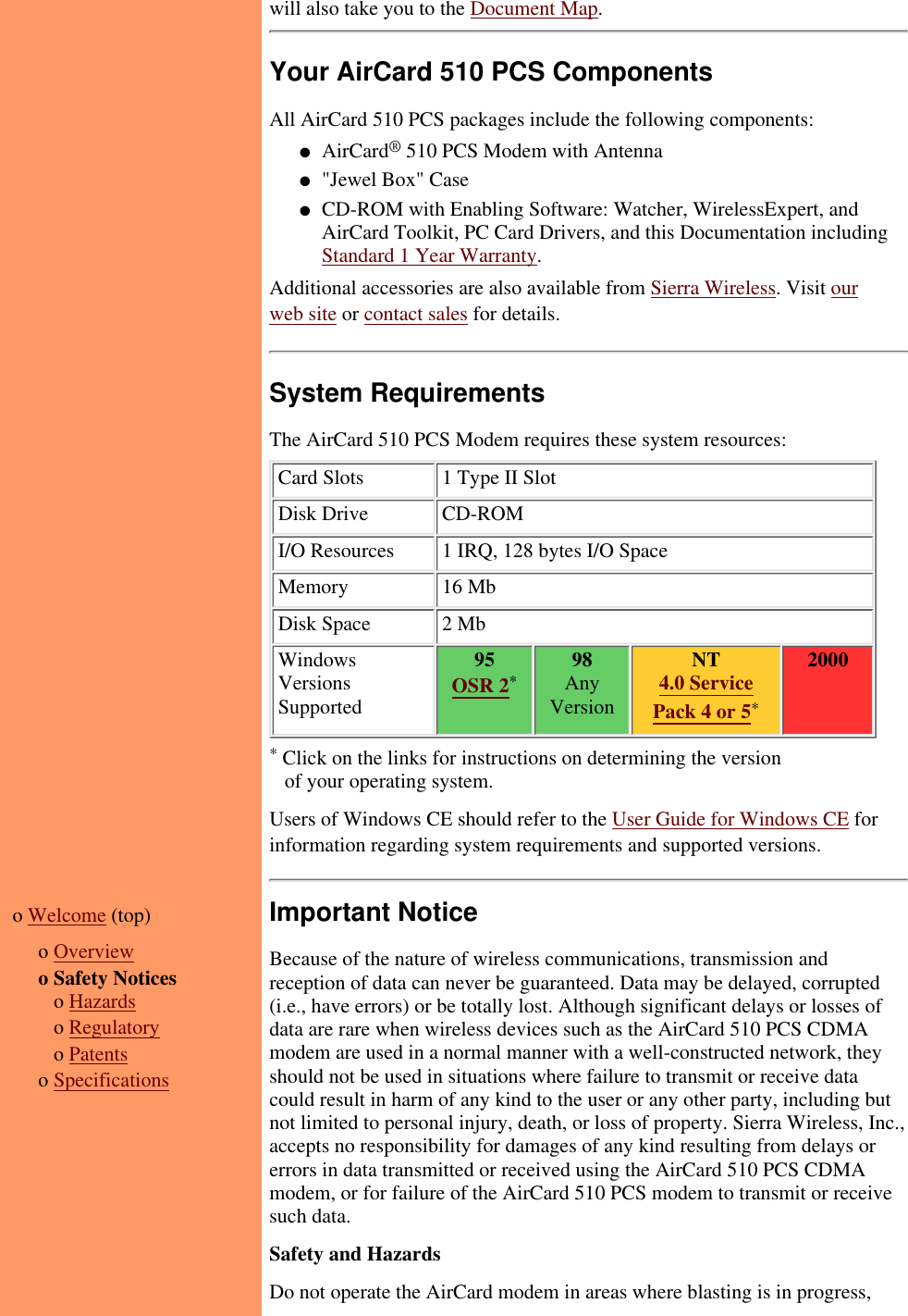 will also take you to the Document Map.Your AirCard 510 PCS ComponentsAll AirCard 510 PCS packages include the following components:AirCard® 510 PCS Modem with Antenna●   &quot;Jewel Box&quot; Case●   CD-ROM with Enabling Software: Watcher, WirelessExpert, andAirCard Toolkit, PC Card Drivers, and this Documentation includingStandard 1 Year Warranty.●   Additional accessories are also available from Sierra Wireless. Visit ourweb site or contact sales for details.System RequirementsThe AirCard 510 PCS Modem requires these system resources:Card Slots 1 Type II SlotDisk Drive CD-ROMI/O Resources 1 IRQ, 128 bytes I/O SpaceMemory 16 MbDisk Space 2 MbWindowsVersionsSupported95OSR 2*98AnyVersionNT4.0 ServicePack 4 or 5*  2000  * Click on the links for instructions on determining the version   of your operating system.Users of Windows CE should refer to the User Guide for Windows CE forinformation regarding system requirements and supported versions.o Welcome (top)  o Overviewo Safety Notices   o Hazards   o Regulatory   o Patentso SpecificationsImportant NoticeBecause of the nature of wireless communications, transmission andreception of data can never be guaranteed. Data may be delayed, corrupted(i.e., have errors) or be totally lost. Although significant delays or losses ofdata are rare when wireless devices such as the AirCard 510 PCS CDMAmodem are used in a normal manner with a well-constructed network, theyshould not be used in situations where failure to transmit or receive datacould result in harm of any kind to the user or any other party, including butnot limited to personal injury, death, or loss of property. Sierra Wireless, Inc.,accepts no responsibility for damages of any kind resulting from delays orerrors in data transmitted or received using the AirCard 510 PCS CDMAmodem, or for failure of the AirCard 510 PCS modem to transmit or receivesuch data.  Safety and HazardsDo not operate the AirCard modem in areas where blasting is in progress,