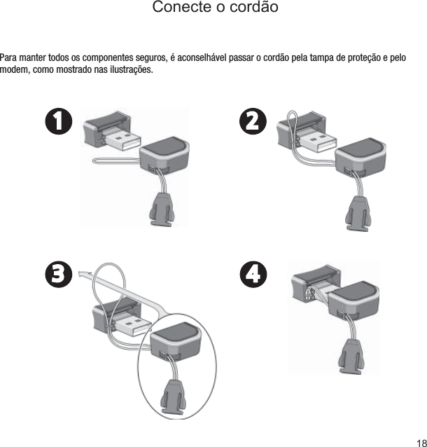 Conecte o cordãoPara manter todos os componentes seguros, é aconselhável passar o cordão pela tampa de proteção e pelo modem, como mostrado nas ilustrações. 1 23 418