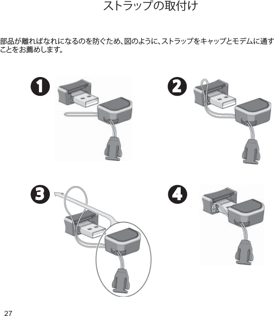 27ストラップの取付け部品が離ればなれになるのを防ぐため、図のように、ストラップ を キャップとモ デ ム に 通 すことをお薦めします。1 23 4
