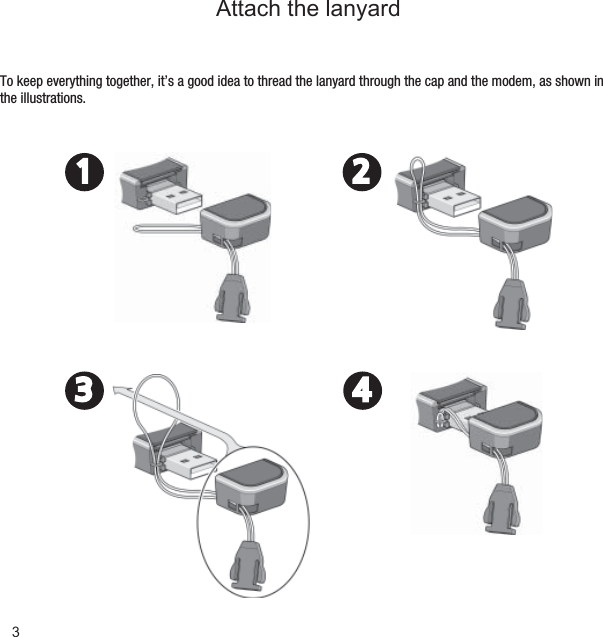 3Attach the lanyardTo keep everything together, it’s a good idea to thread the lanyard through the cap and the modem, as shown in the illustrations. 1 23 4